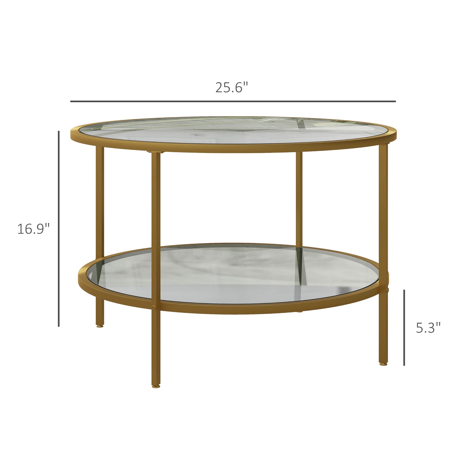 Side Table with Storage, 26" Round End Table, 2-Tier Tempered Glass Coffee Table with Steel Frame for Living Room, Gold