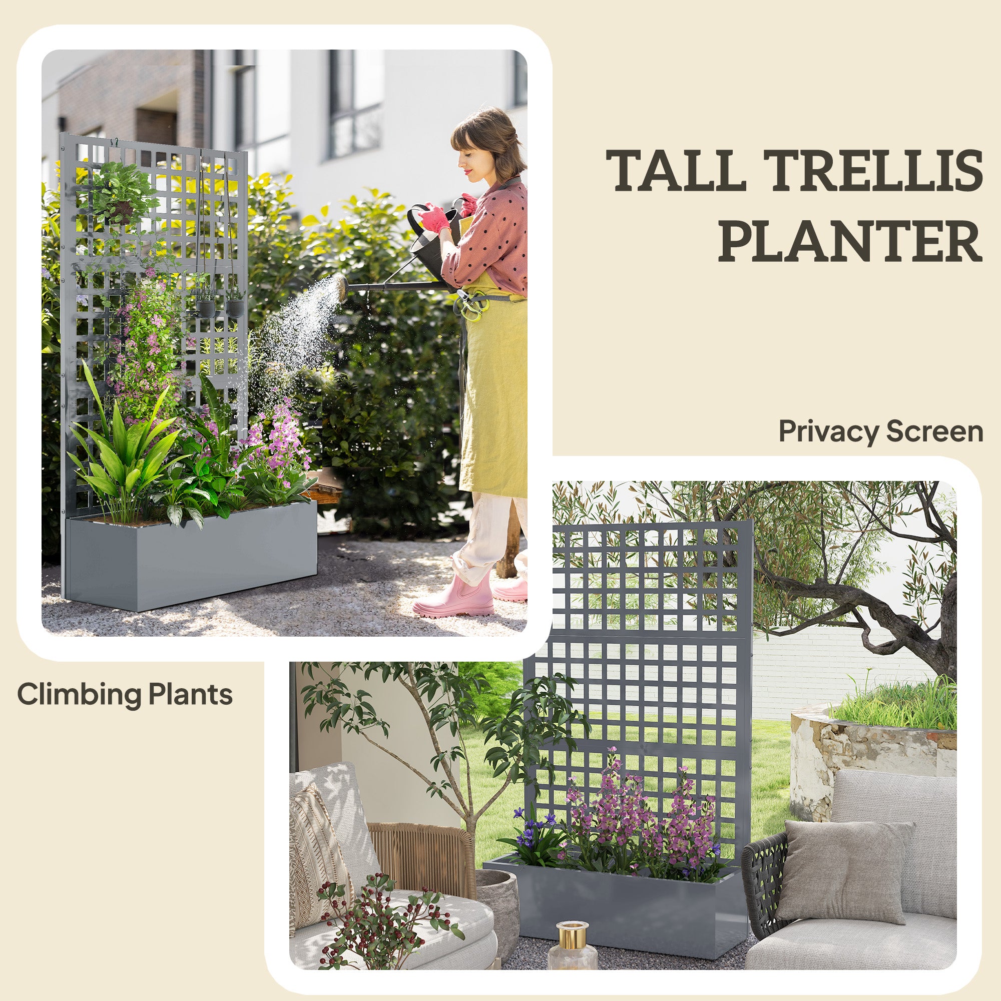 Galvanized Raised Garden Bed Planter Box with Trellis for Climbing Plants, Vegetable, Vines, 43" x 16" x 70", Gray