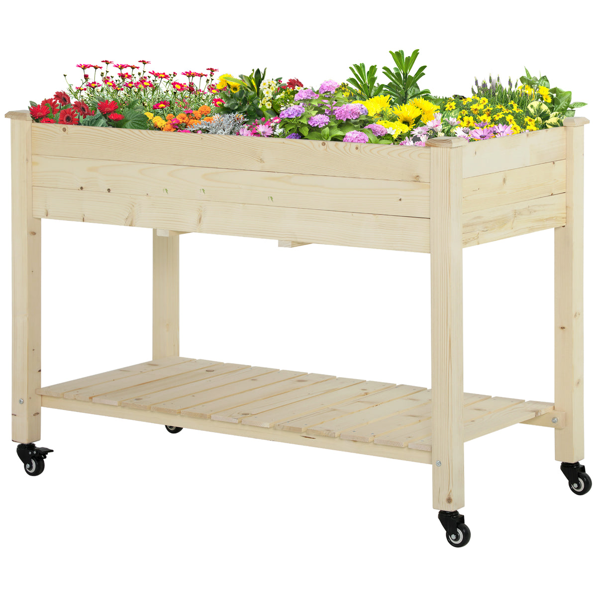 Raised Garden Bed, 47" x 22" x 33", Elevated Wooden Planter Box w/ Lockable Wheels, Storage Shelf, and Bed Liner for Backyard, Patio, Natural