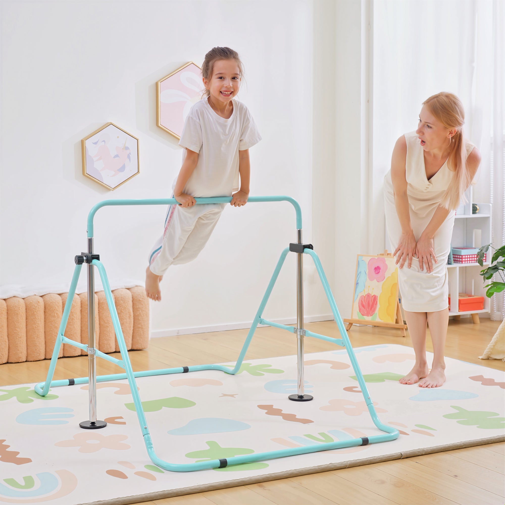 Folding Gymnastics Bar for Kids, Adjustable Height, Green