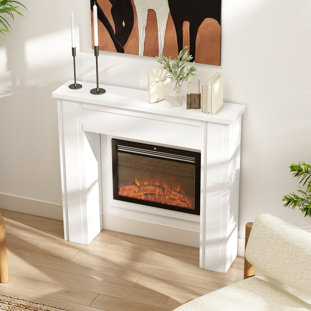 Modern Fireplace Mantel, Freestanding Fireplace Surround with Leg for Electric Fireplaces, 44.7" W x 40" H, White