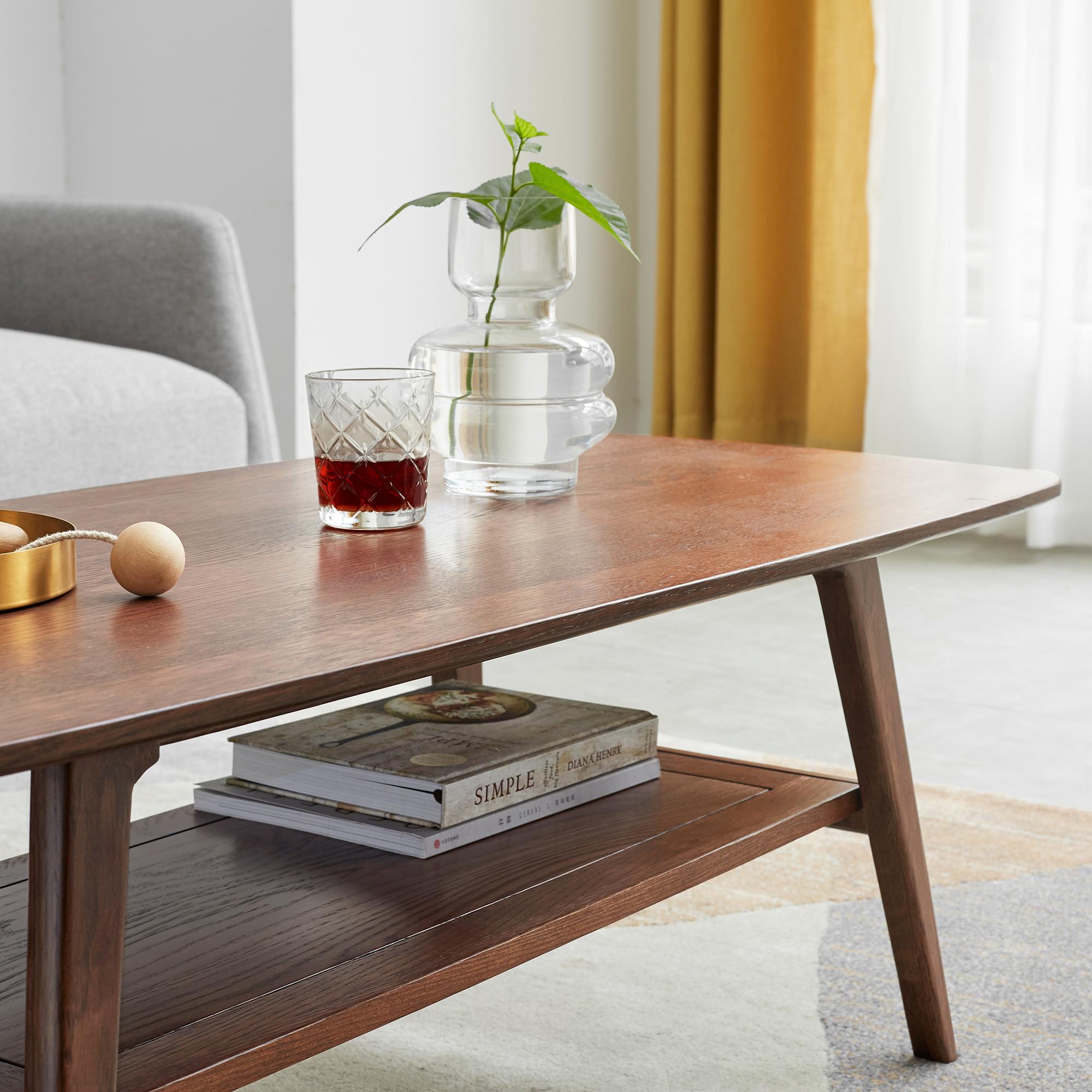 Practical Coffee Table with 2-Tier Open Storage & Rounded Corners, Safe center table for Living Area, 39.5″ L x 19.5″ W x 17.5″ H, Walnut