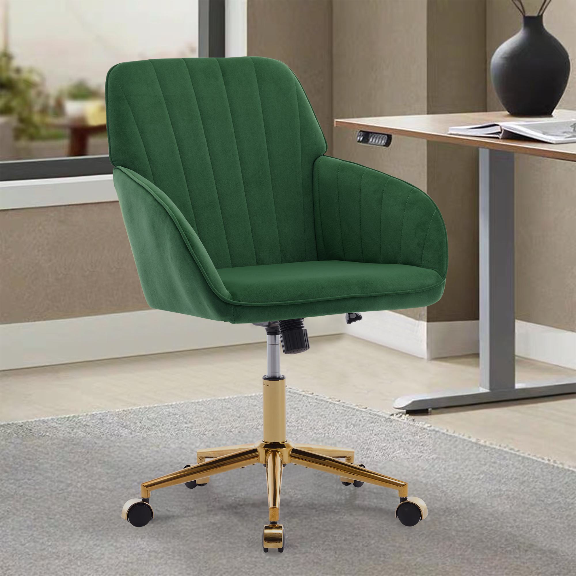 Adjustable Swivel Chair with Memory Foam Cushion and Lumbar Support, Ergonomic Office Chair with Golden Base, 24.5" L x 23.5" W x 37.5" H, Green
