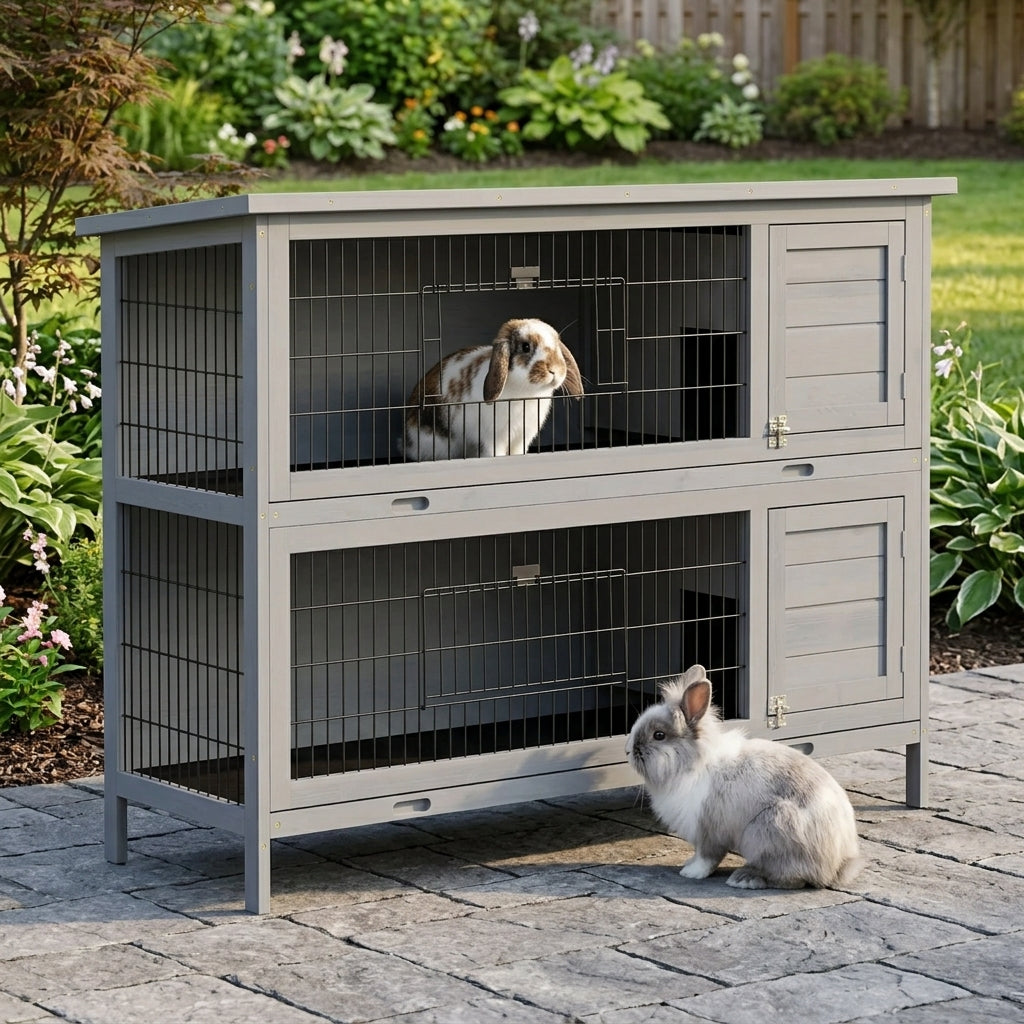 54" 2-Story Large Rabbit Hutch Bunny Cage Wooden Pet House Small Animal Habitat Lockable Doors, Tray, Roof, Gray