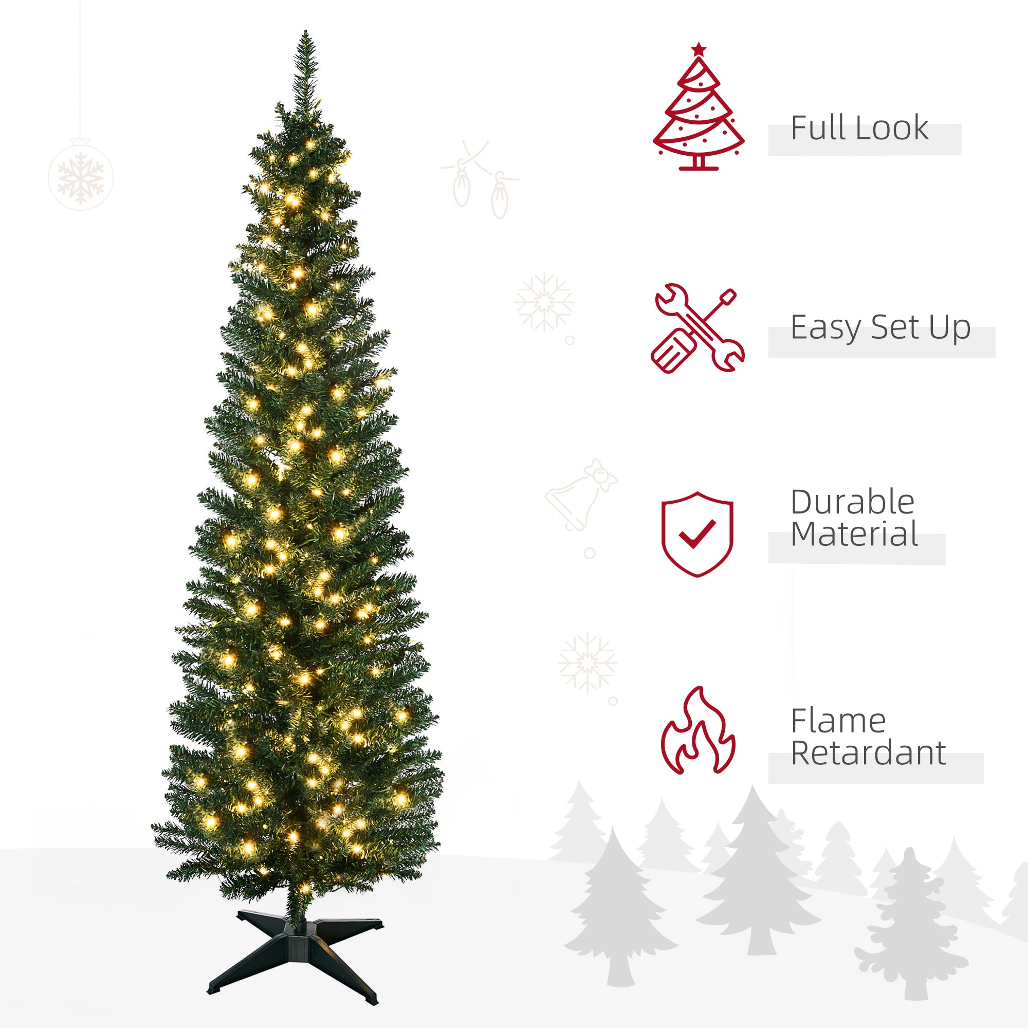 7' Tall Pre-Lit Slim Noble Fir Artificial Pencil Christmas Tree with 200 Warm White LED Lights and 499 Tips, for Christmas Decoration, Green