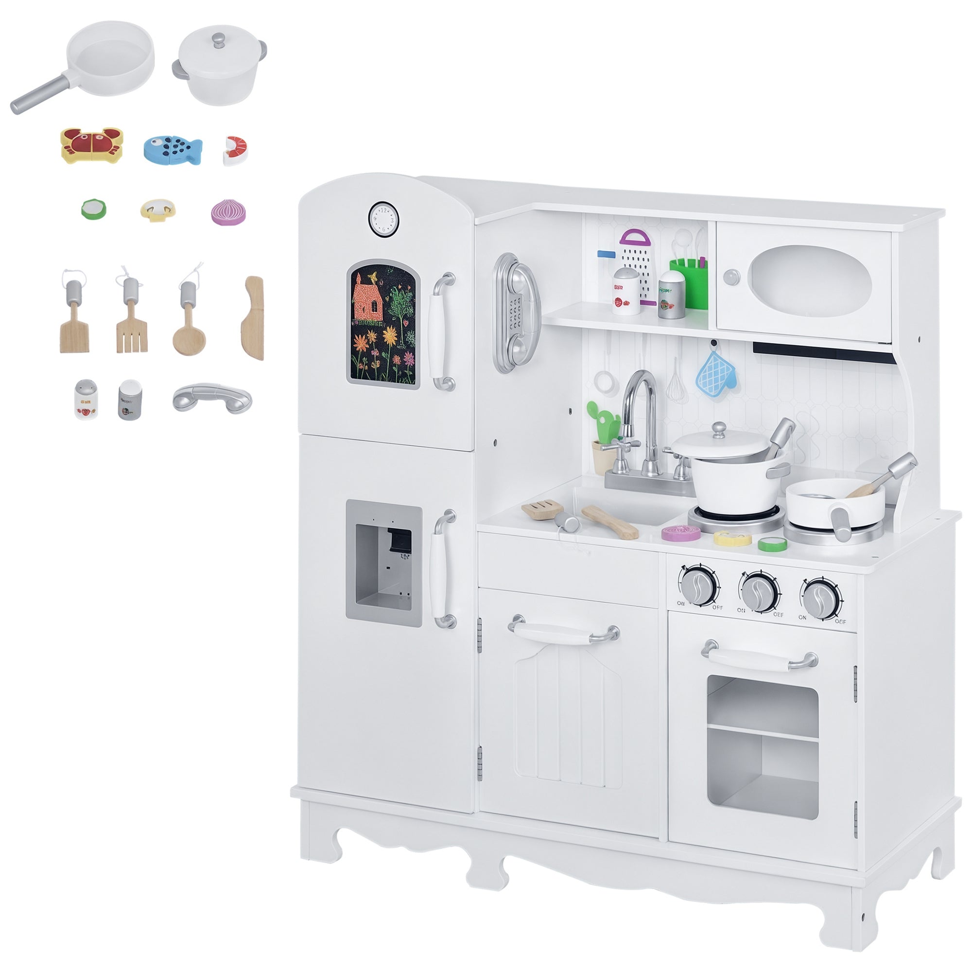 Kids Kitchen Playset with Telephone, Wooden Kitchenette for kids with Cookware, Storage Cabinet, Water Dispenser, Blackboard, Toddler Pretend Play Kitchen with Cooking Accessories for Aged 3+