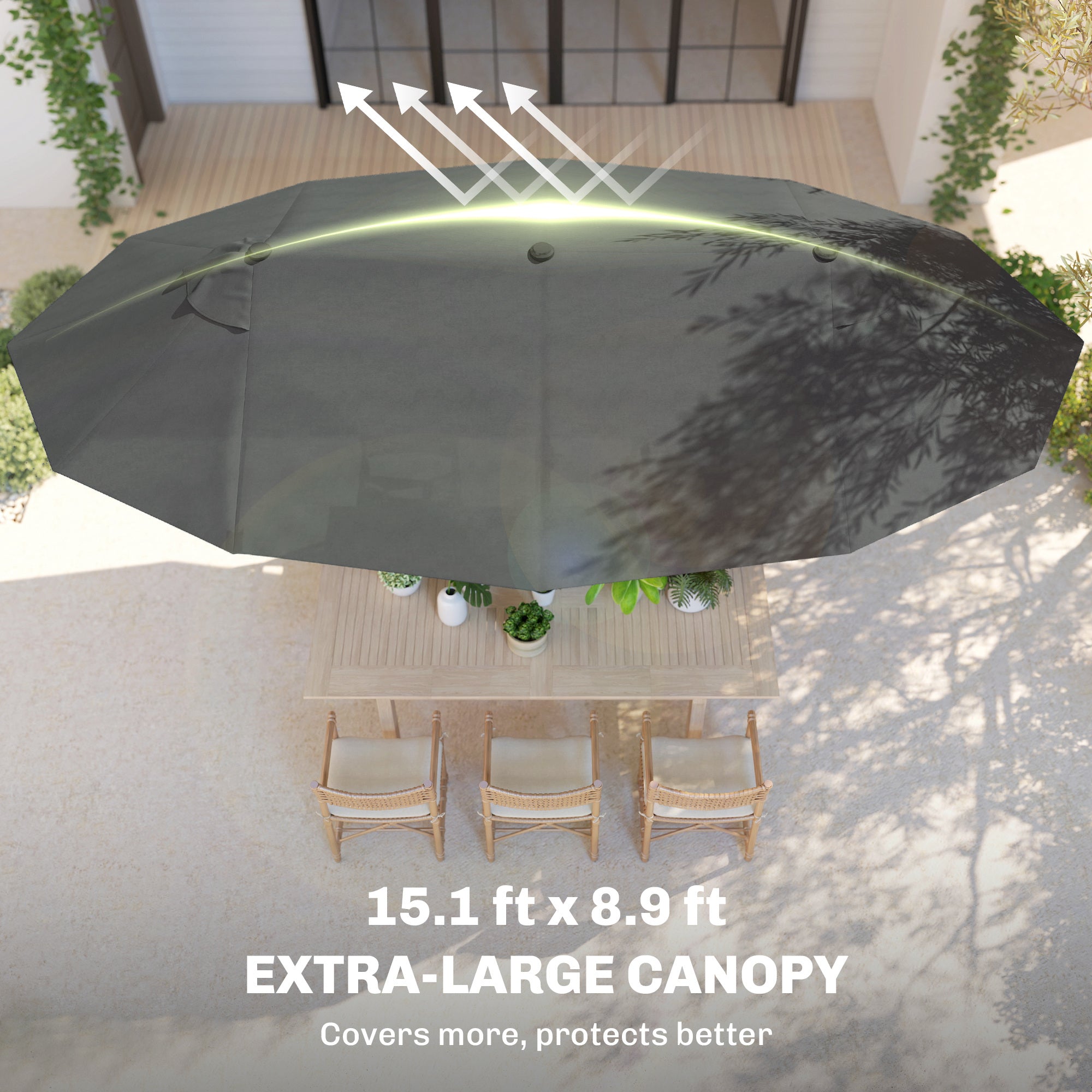 Extra Large 15 ft Patio Umbrella, Double-Sided Wide Outdoor Umbrella with Crank Handle and Air Vents for Backyard, Deck, Pool, Market, Gray