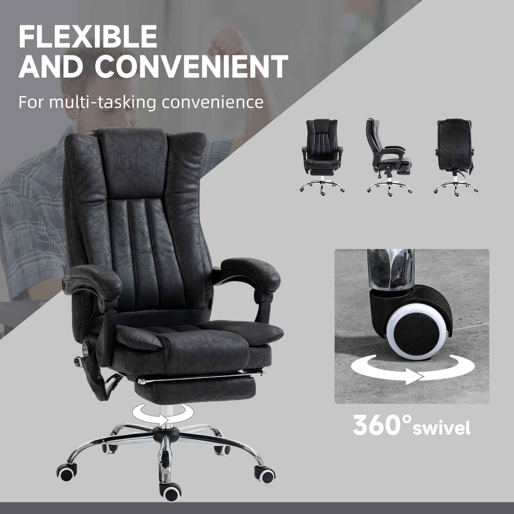 Massage Office Chair, 6 Points and Heat, Reclining Computer Chair with High Back, Adjustable Height and Footrest, Black