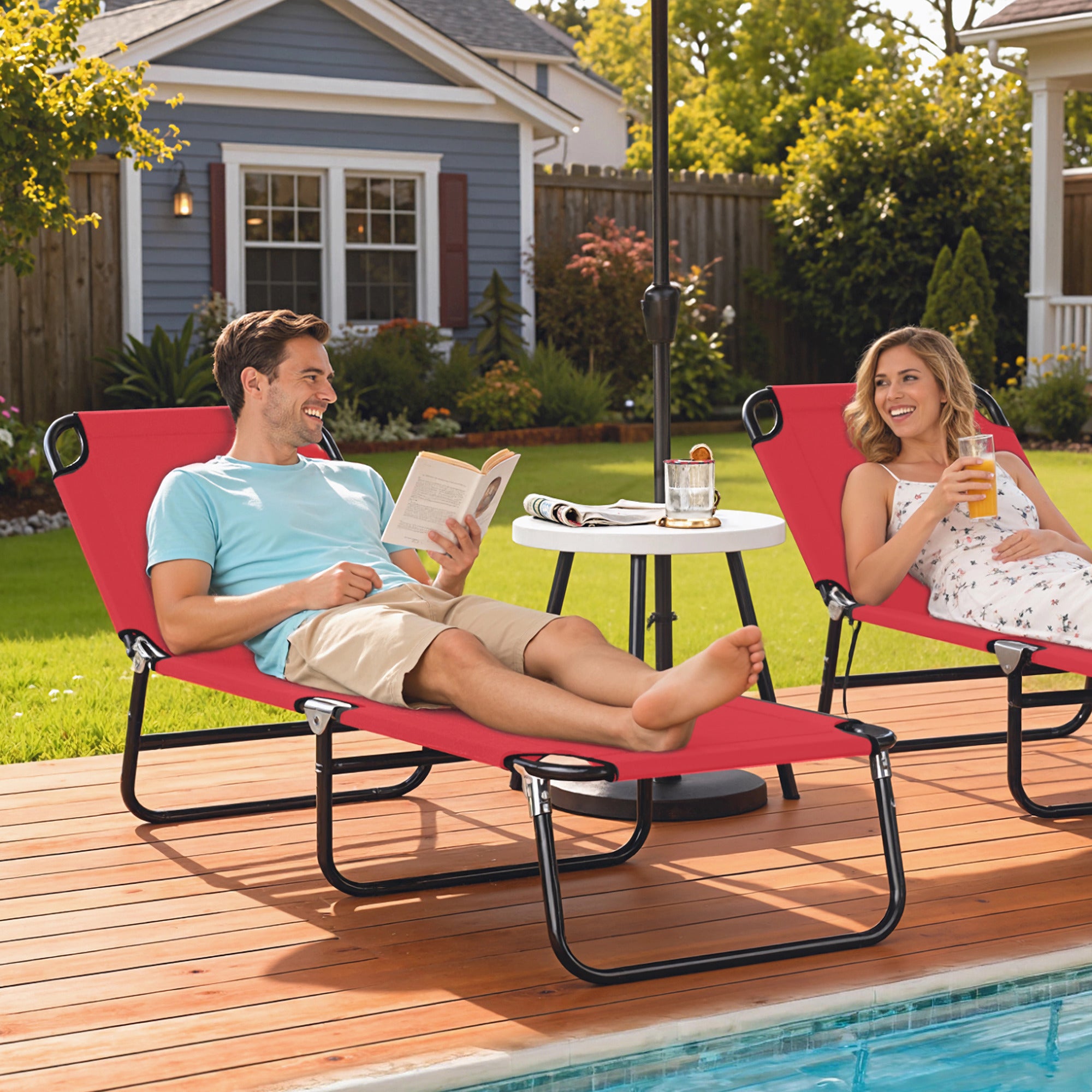 Folding Chaise Lounge Pool Chairs, Outdoor Sun Tanning Chairs with 5-Level Reclining Back, Steel Frame for Beach, Yard, Patio, Red