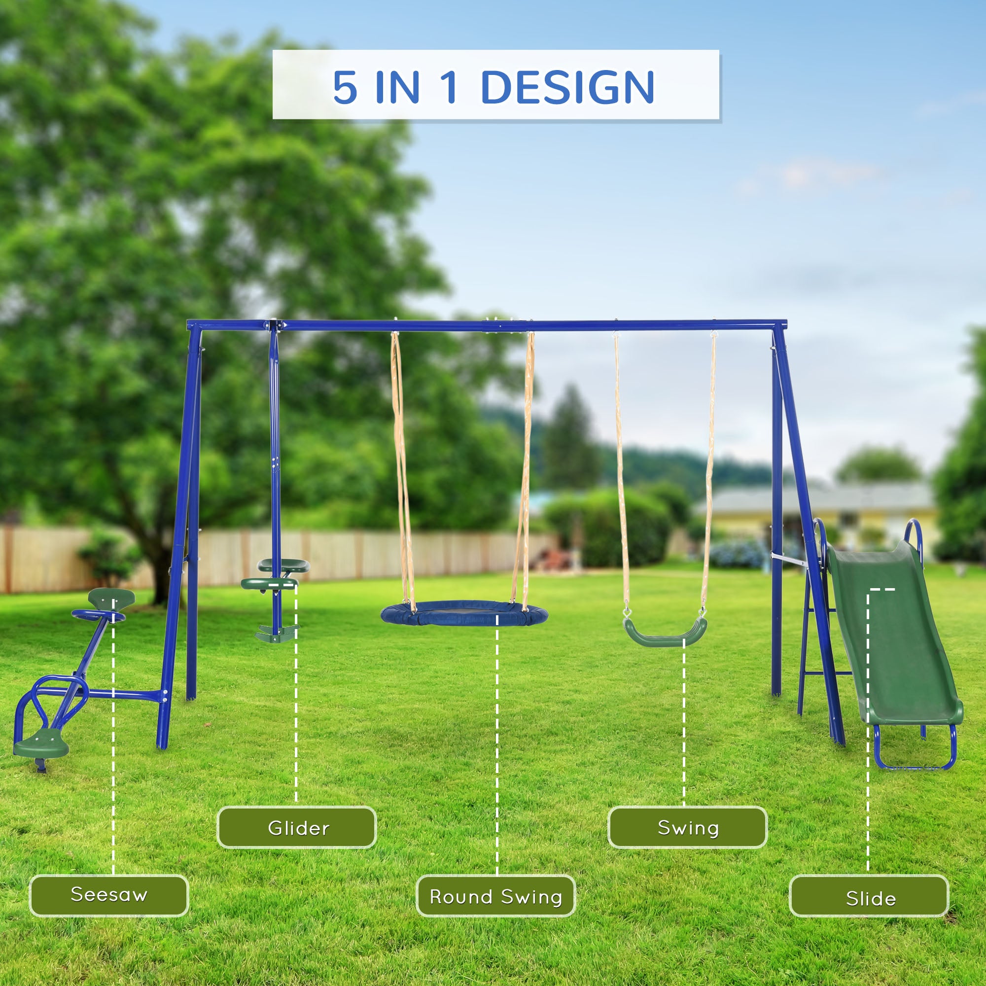 693 lbs Metal Swing Set for Kids, 5 in 1 Outdoor Playset with Heavy Duty A-Frame Stand, 29.5" Saucer Swing, Slide, Teeter-Totter, Glider, for Backyard, Blue