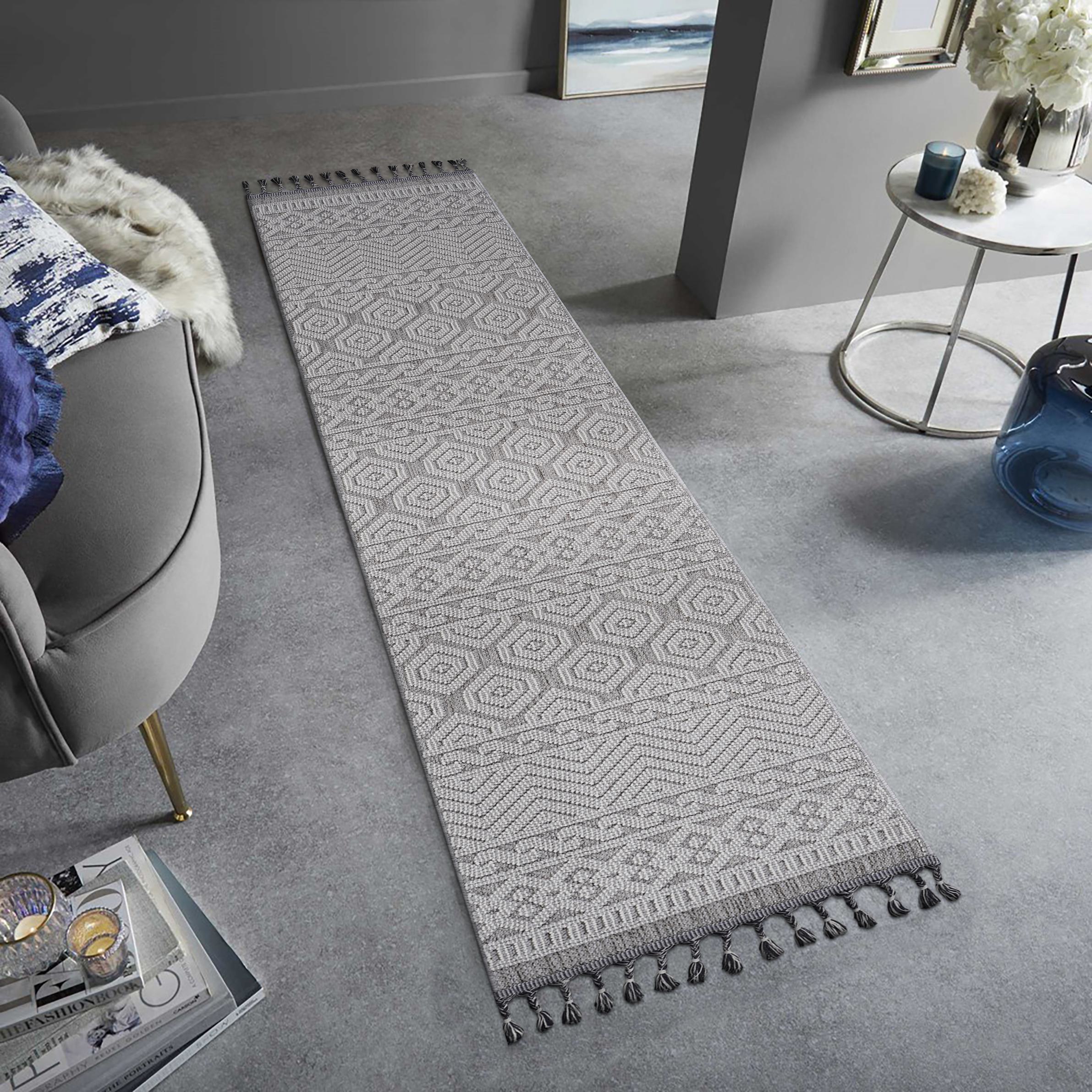 2x8 Stain Resistant Geometric Indoor Outdoor Area Rug, Kid and Pet-Friendly Non-Shedding Carpet, 96" L x 26" W x 0.3" H, Gray+White