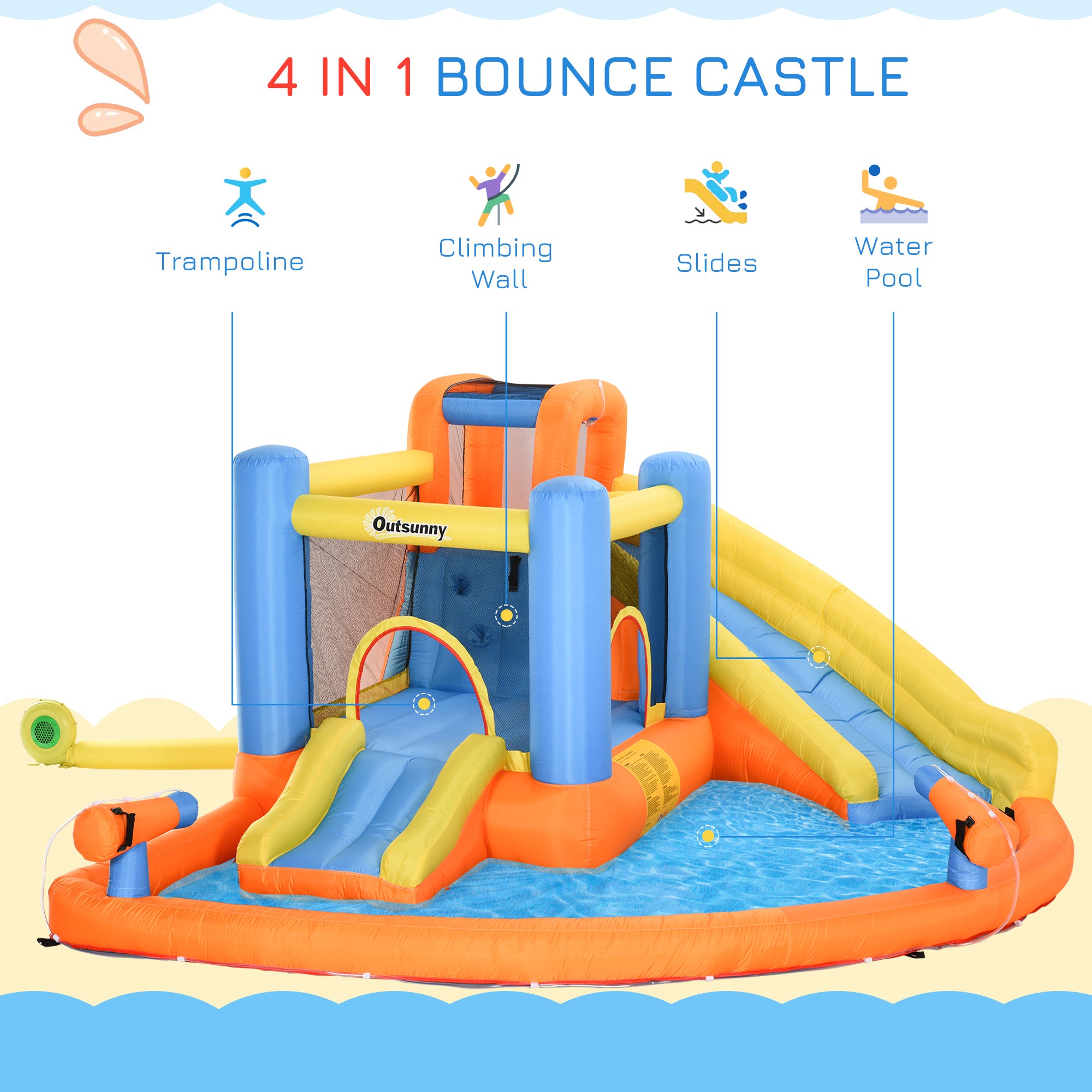 5-in-1 Kids Inflatable Bounce House Jumping Castle with Water Pool, Slide, Climbing Walls & 2 Water Guns