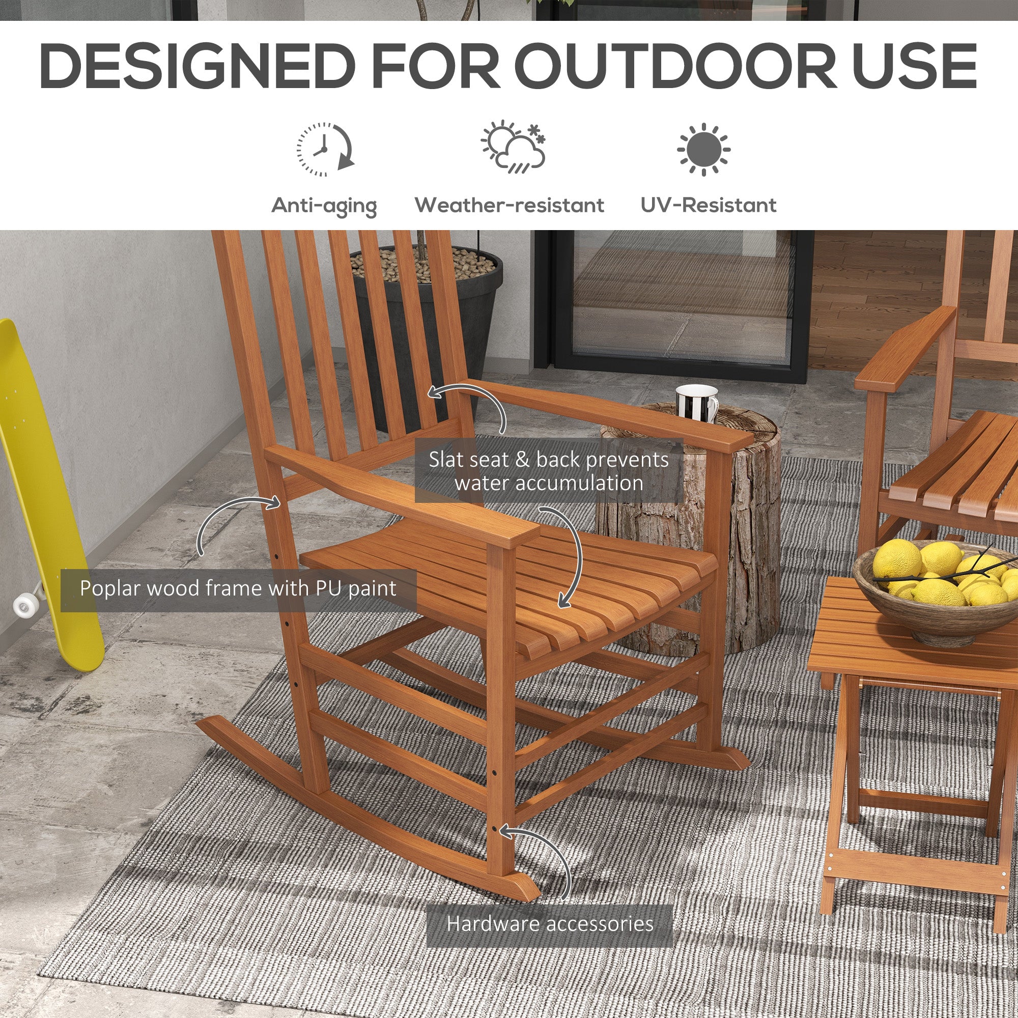 Outdoor Rocking Chair Set of 2 with Side Table, Patio Wooden Rocking Chair with Smooth Armrests, High Back for Garden, Balcony, Porch, Supports Up to 352 lbs, Teak