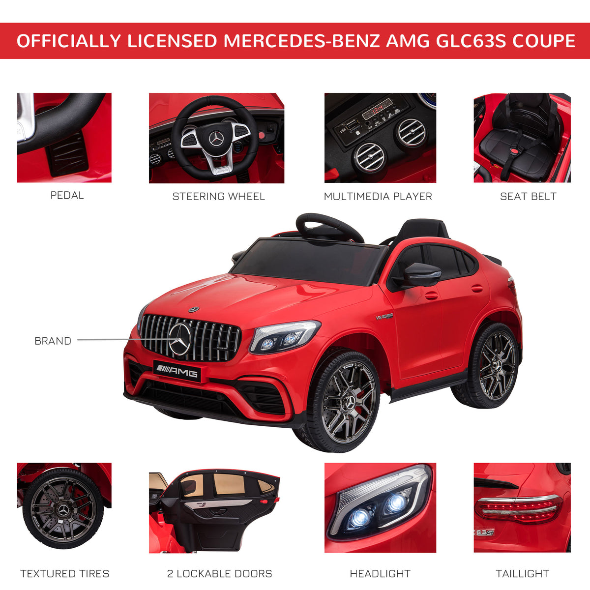 12V Toddler Ride On Car with Remote Control, AMG GLC63S Coupe, Electric Car with 2 Speed, MP3 Player, Light, Horn, Songs, Suspension, Red