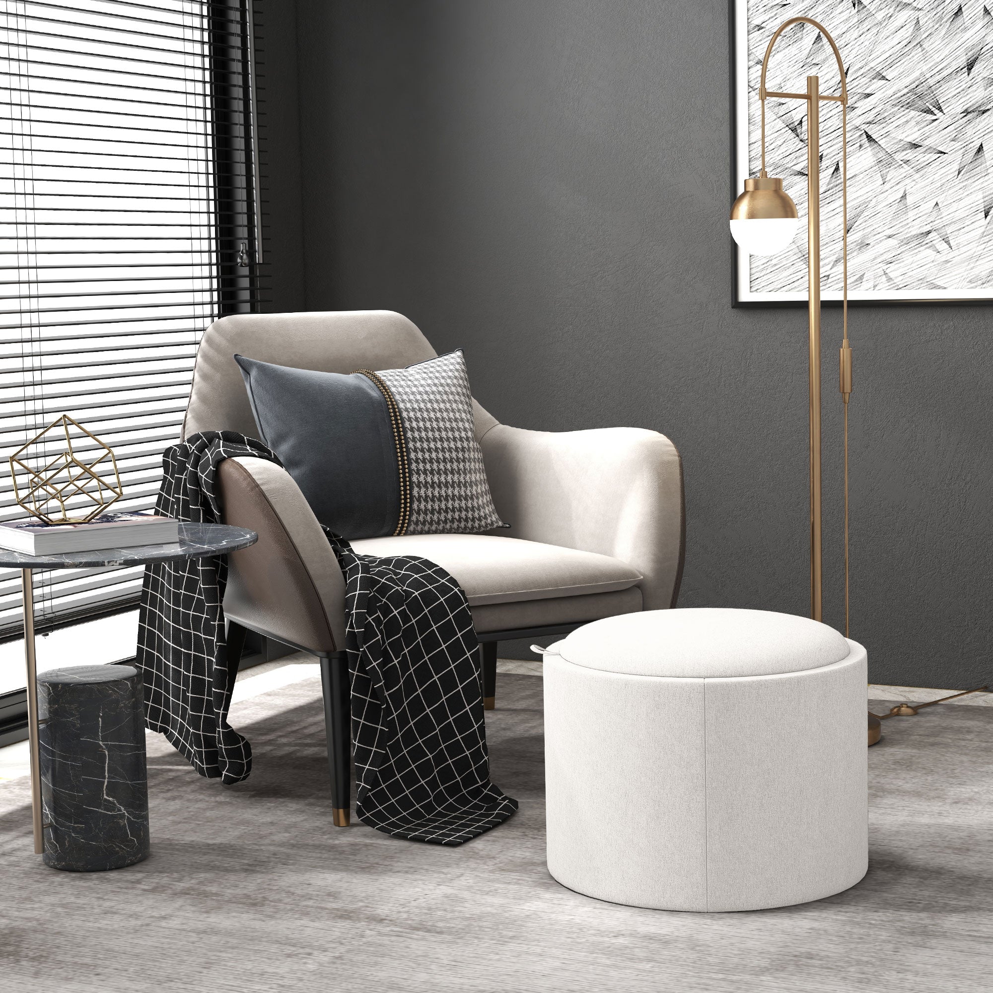 Round Storage Ottoman Coffee Table with Flip Top Tray, Linen Fabric Upholstered Footstool with Hidden Compartment