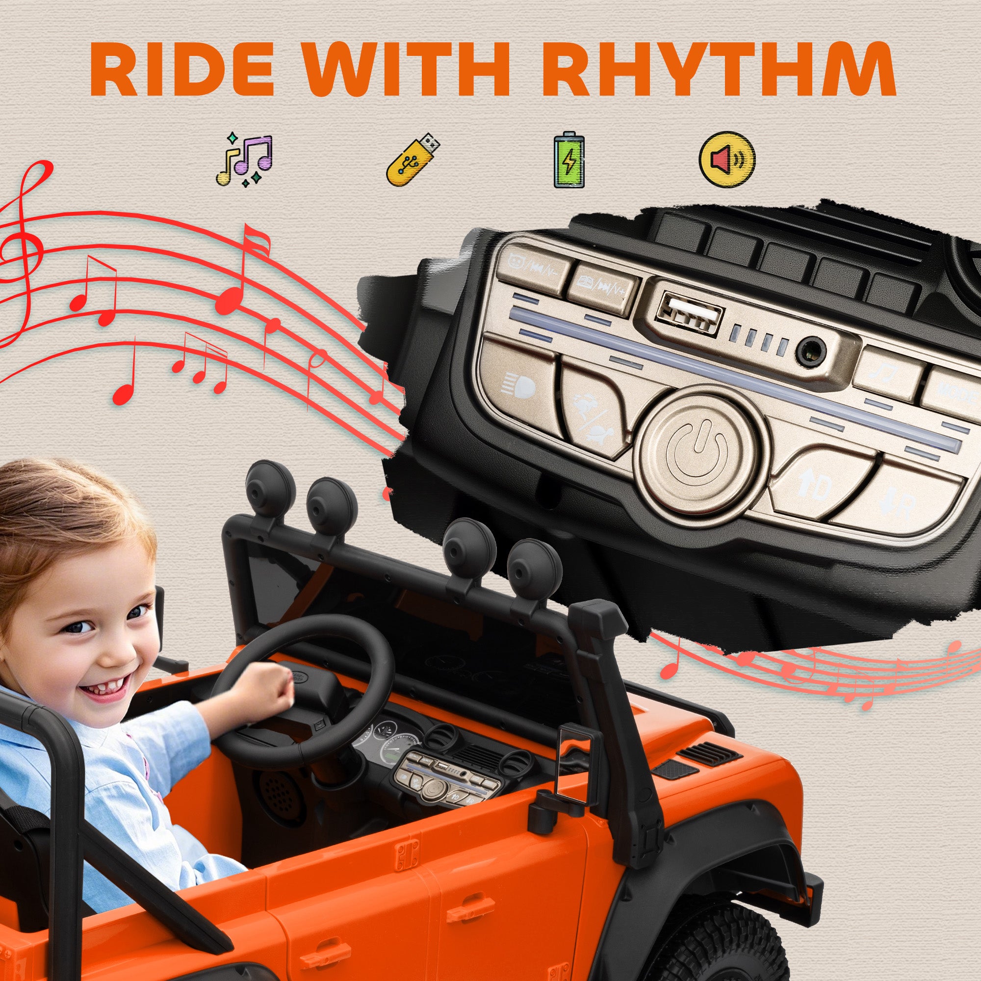 Licensed Electric Car for Kids with Remote Control, Dual Motors, Spring Suspension, LED Lights, Orange