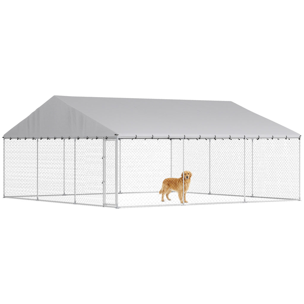 Heavy Duty Outdoor Dog Kennel with Waterproof Roof, Secure Latch, Chain Link Dog Run for Backyard, 19.7' x 19.7' x 8.9'