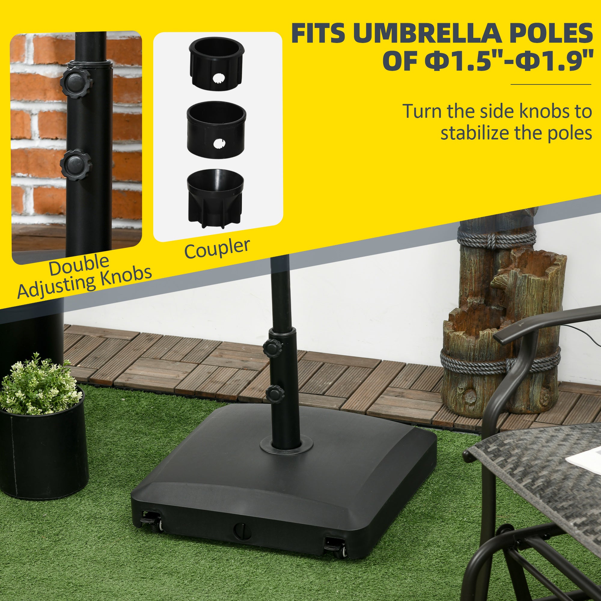 Patio Umbrella Base with Wheels, 53lbs Water or 66lbs Sand Filled, Heavy Duty Outdoor Umbrella Stand Holder, Black