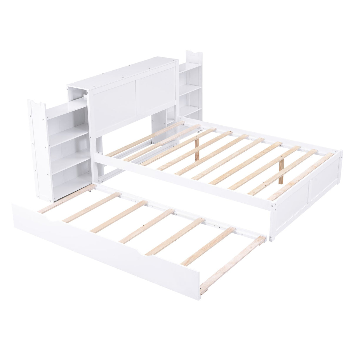 Full Size Storage Platform Bed with Pull Out Shelves, Twin Size Trundle, Solid Wood and MDF, 98" L x 89" W x 39.5" H, White