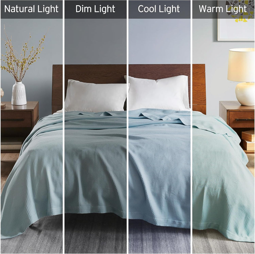 Machine Washable Egyptian Cotton Blanket with Breathable Weave, OEKO-TEX Certified, Ideal for Bedroom, 90" L x 66" W x 0.25" H, Light Blue