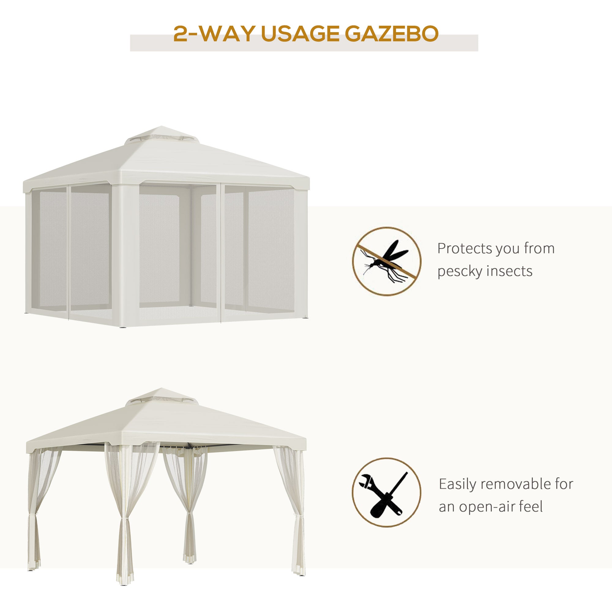 9.6' x 9.6' Patio Gazebo, Outdoor Canopy Shelter with 2-Tier Roof and Netting, Steel Frame for Garden, Lawn, Backyard, and Deck, Cream White