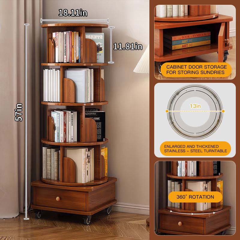 5-Tier Corner Bookcase for Small Spaces, 360-Degree Rotating Display Bookshelf with Drawer, 18" L x 18" W x 57" H, Walnut Brown