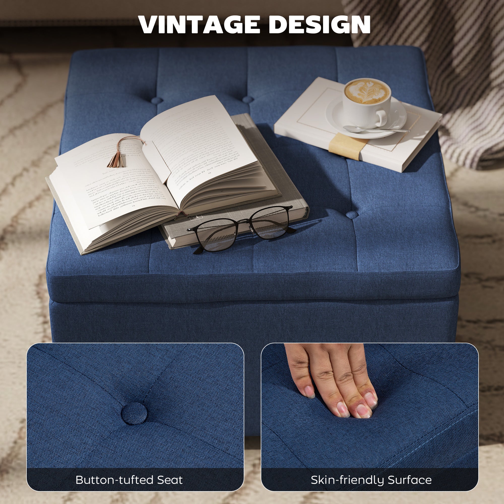 Round Storage Ottoman Bench, Button Tufted Ottoman with Flip Top for Living Room, Entryway and Bedroom, Blue