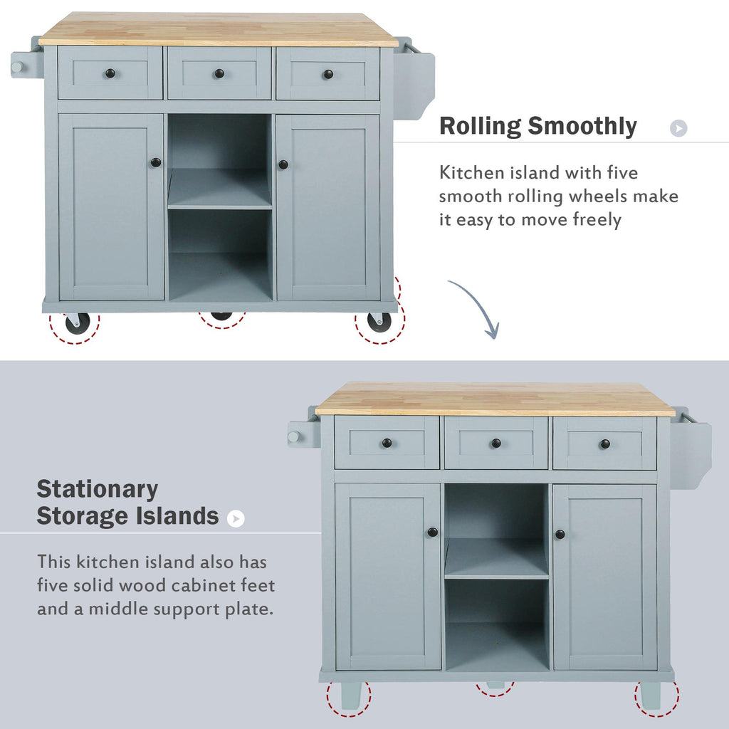 Kitchen Cart with Wood Drop-Leaf Countertop, Internal Storage Racks, Utility Island with Cabinets and Drawers, 53" L x 29.5" W x 37" H, Blue