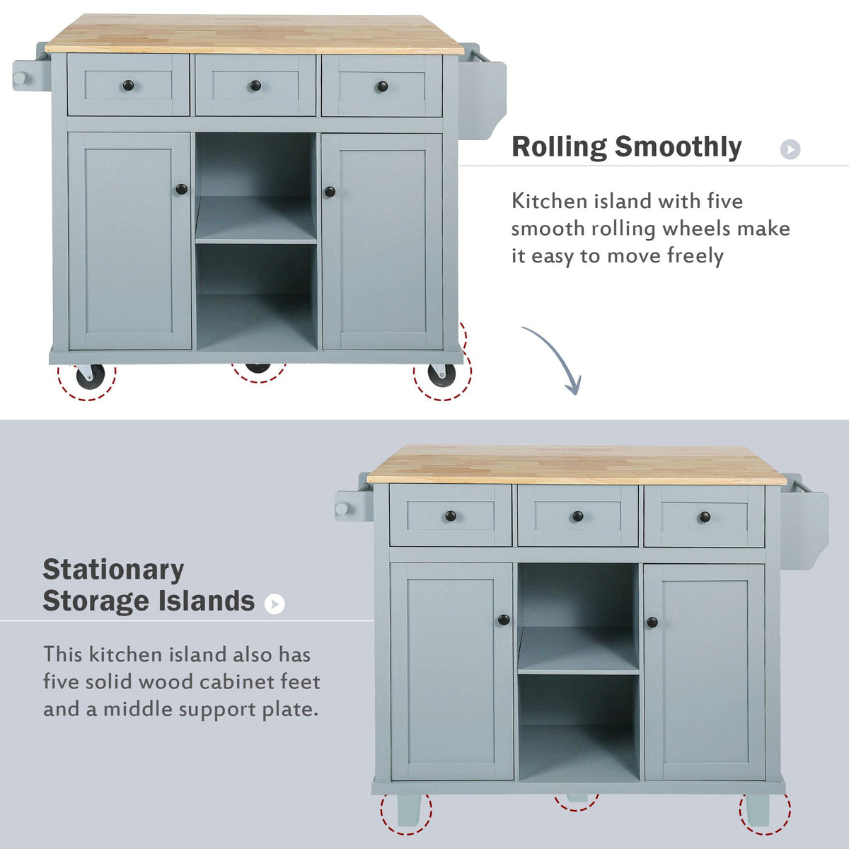 Kitchen Cart with Wood Drop-Leaf Countertop, Internal Storage Racks, Utility Island with Cabinets and Drawers, 53" L x 29.5" W x 37" H, Blue