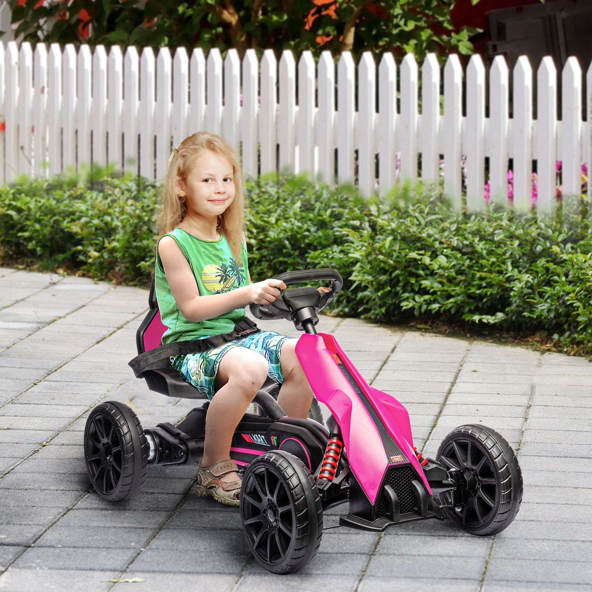 12V Electric Go Kart for Kids, Ride On Toy with EVA Tires, 2 Speeds, Adjustable Seat, Safety Belt for 3-8 Years, Pink