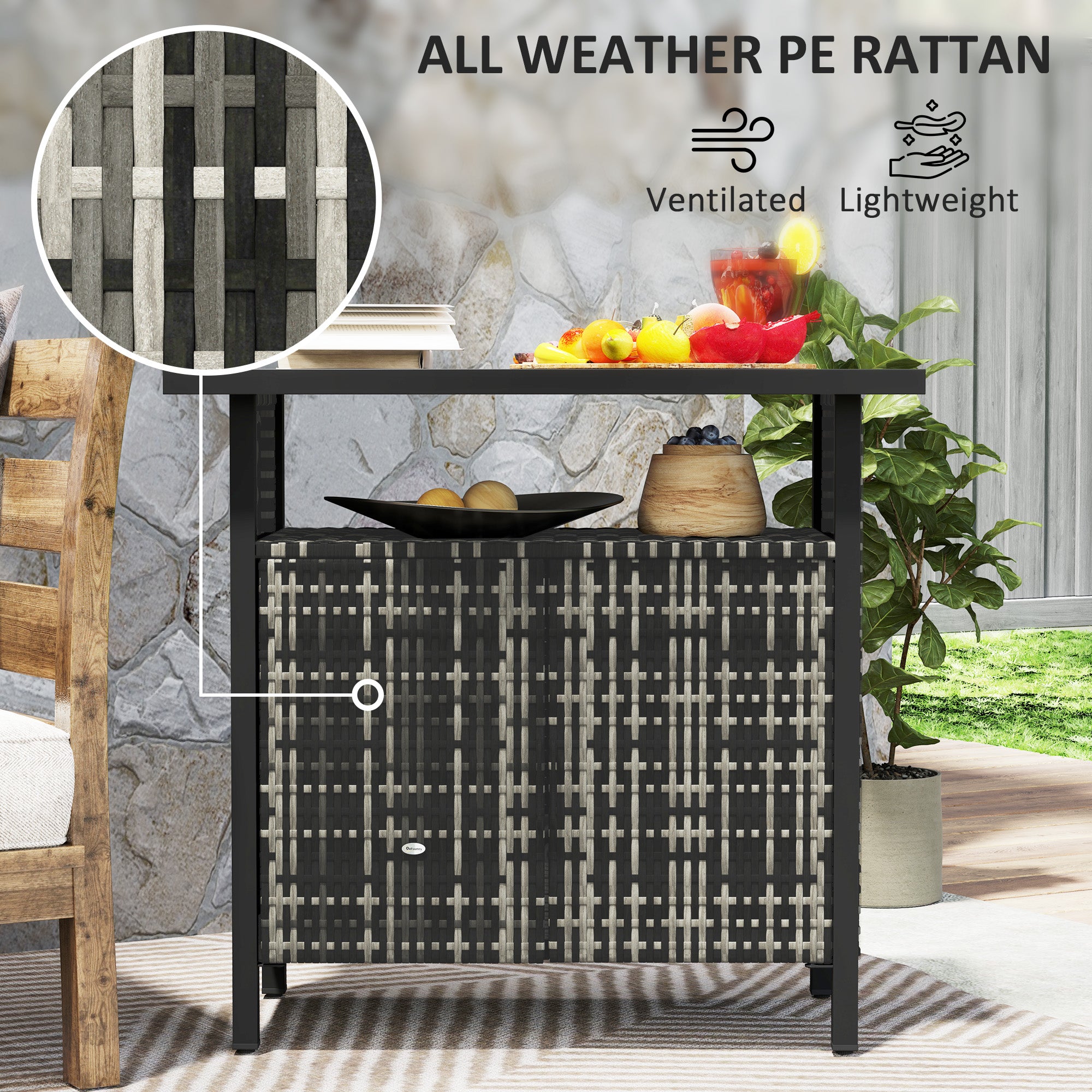 Outdoor Pool Towel Storage Cabinet Organizer, Outdoor Bar Table with Shelf and Cabinet, Pool Towel Holder Pool Valet with Weather-Resistant PE Rattan and Steel Frame, Mixed-Gray