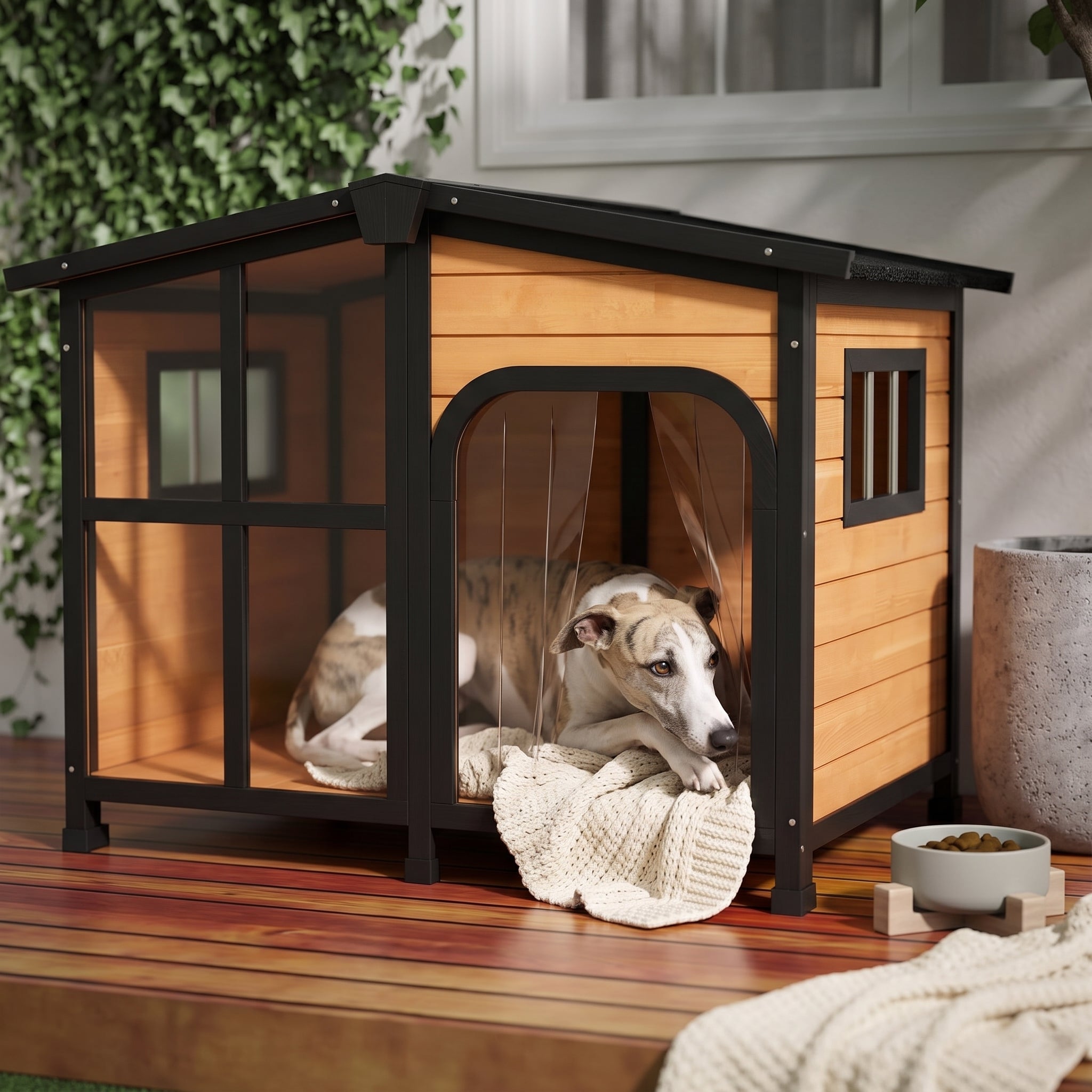 Cabin-Style Wooden Dog House for Large Dogs with Openable Roof & Giant Window, Yellow