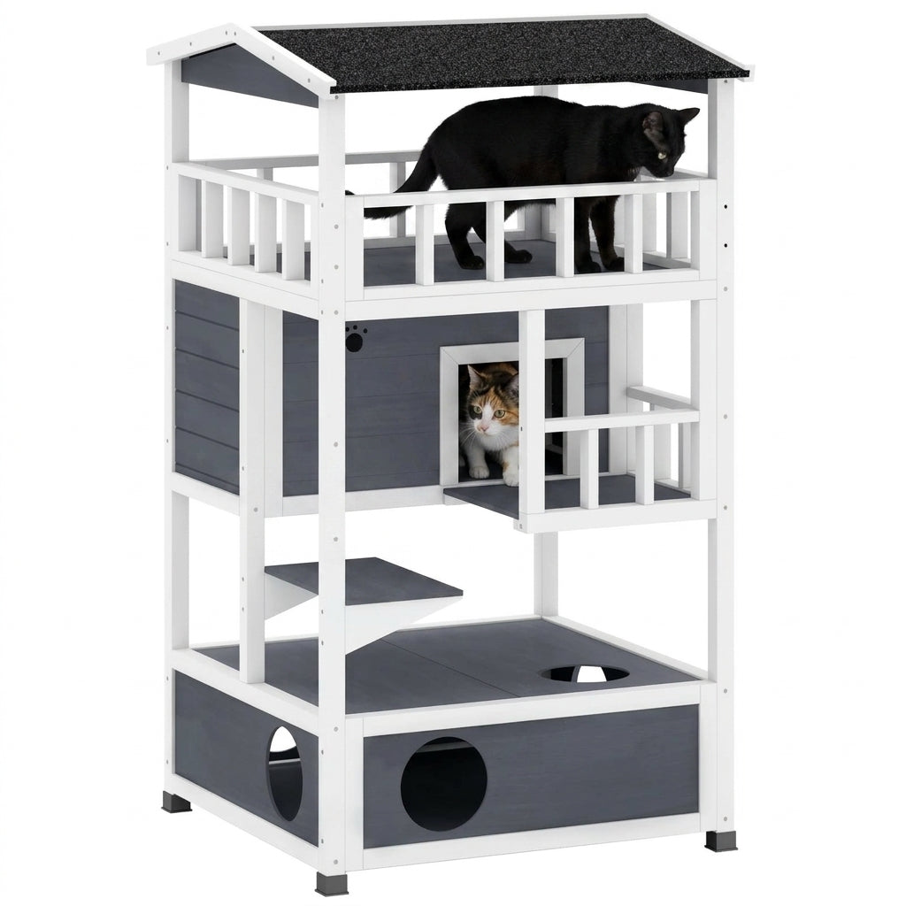Wooden Outdoor Cat House, Feral Cat Shelter Kitten Condo with Asphalt Roof, Escape Doors, Condo, Jumping Platform, Gray