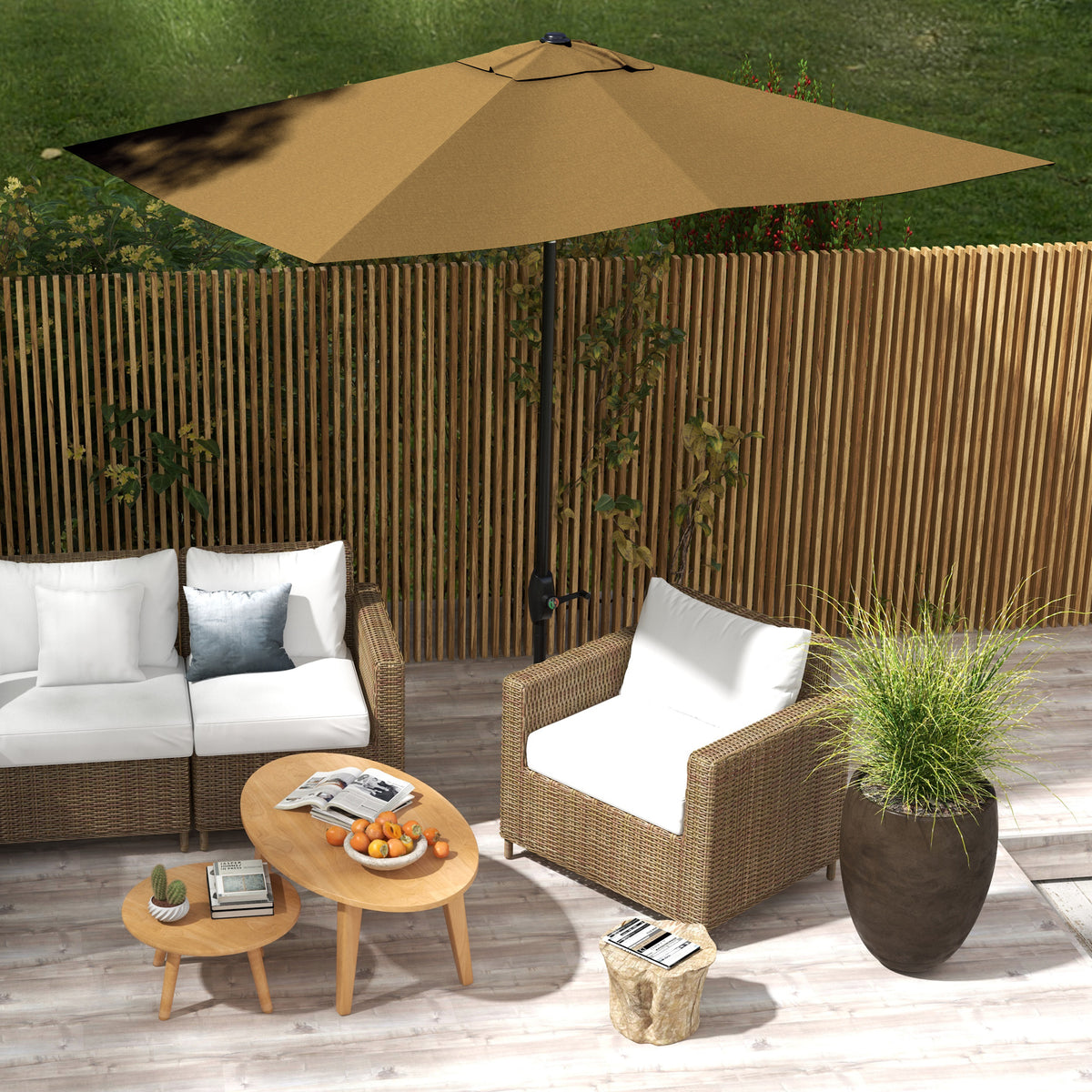 6.6' x 10' Rectangular Market Umbrella, Patio Outdoor Table Umbrella with Crank and Push Button Tilt, Coffee