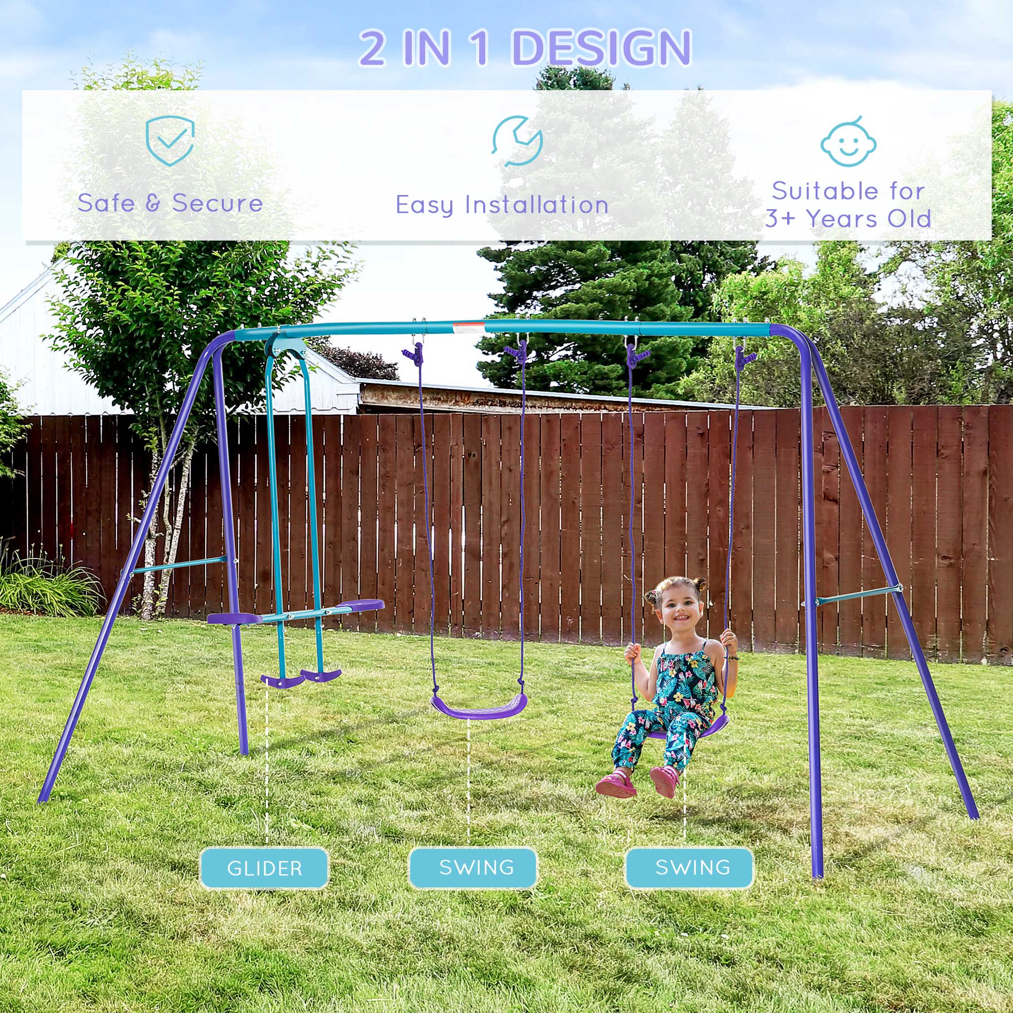 Metal Swing Set with Glider, Two S Seats and Adjustable Height, Outdoor Heavy Duty A-Frame Kids Playset Suitable for Playground, Backyard, Purple