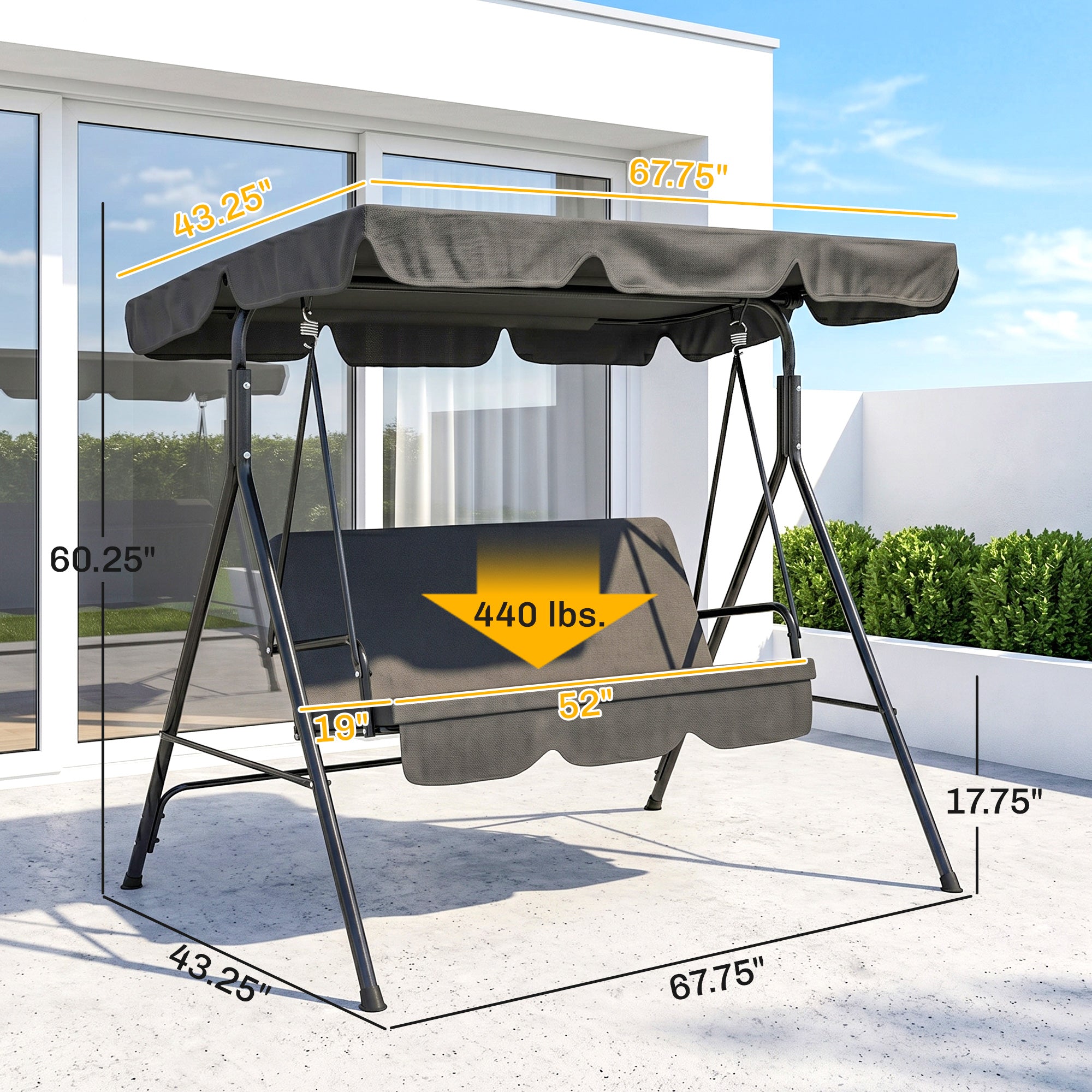 3-Seat Outdoor Patio Swing Chair w/ Cushion, Steel Frame Stand, Adjustable Tilt Canopy for Patio, Garden, Black