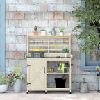 Wooden Potting Bench with Storage, Aluminum Tabletop for Backyard, Patio, Balcony, Natural