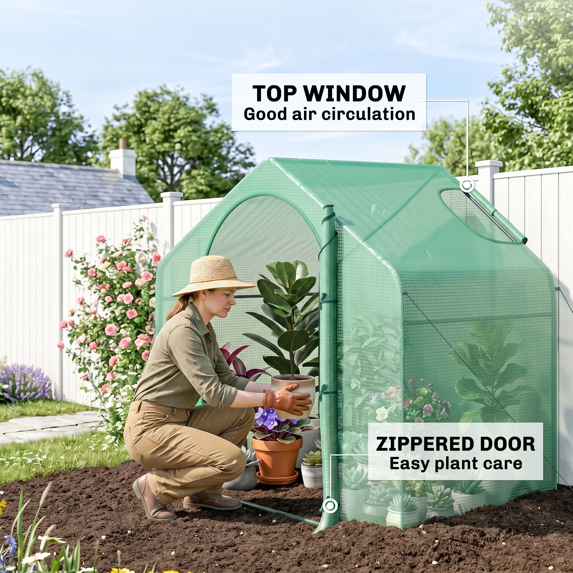 6' x 3' x 5' Portable Walk-in Greenhouse, PE Cover, Steel Frame Garden Hot House, Zipper Door, Top Vent for Flowers, Vegetables, Saplings, Tropical Plants, Green