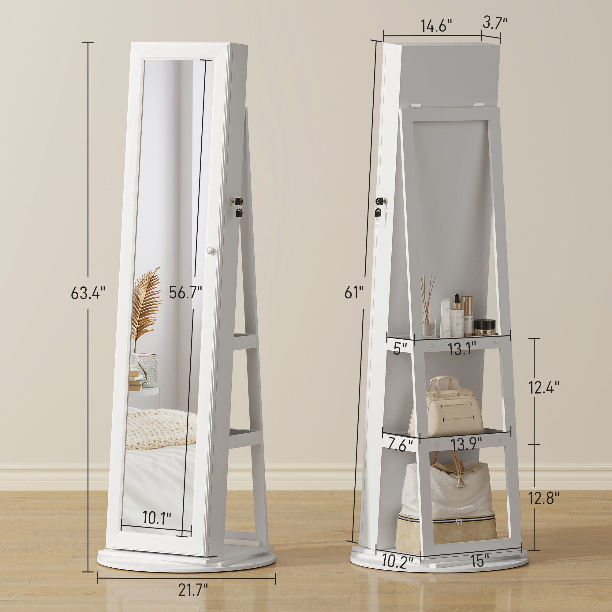 360° Swivel Jewelry Armoire, Lockable Jewelry Cabinet with Full-Length Mirror, Storage Shelves, White