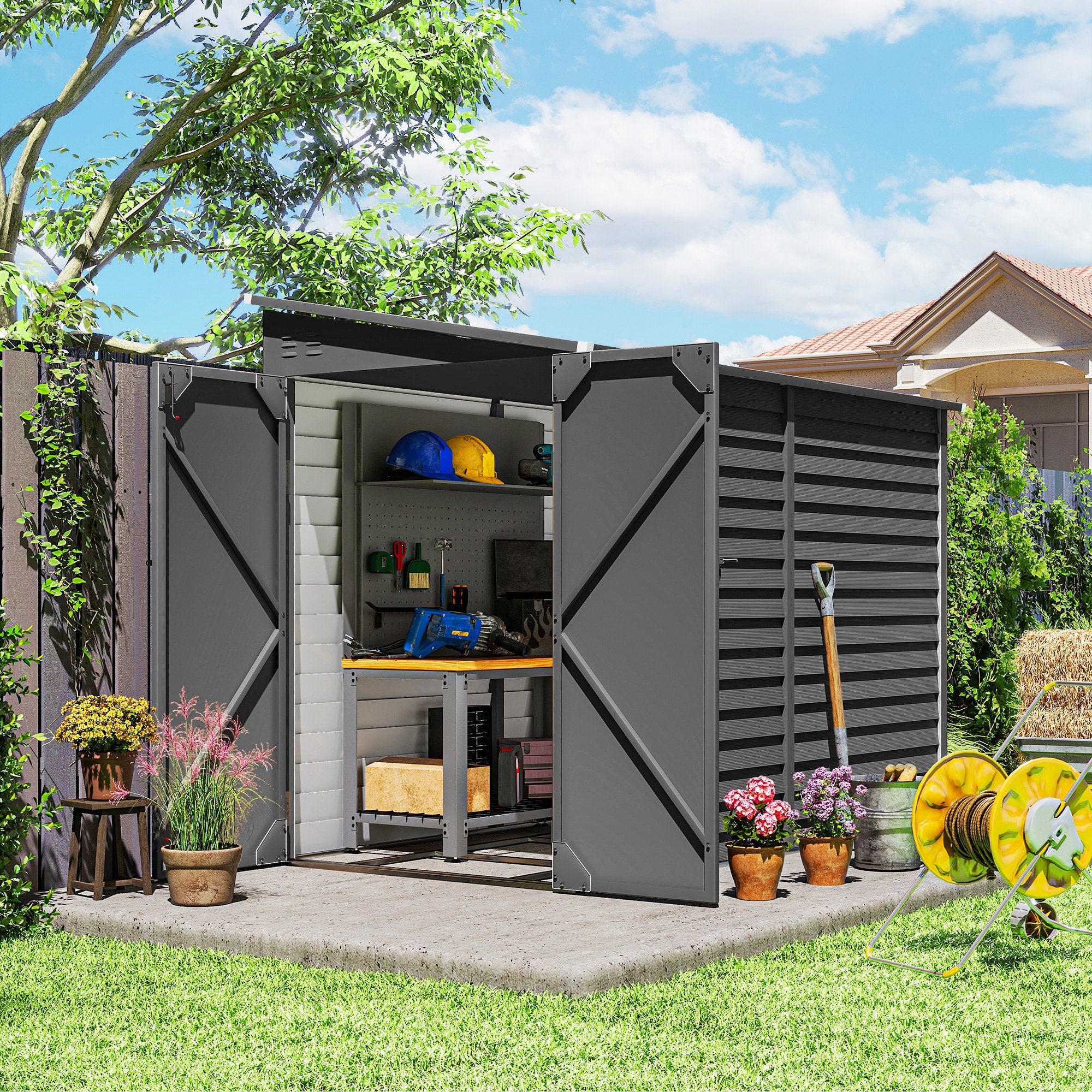 4.6' x 9' Outdoor Storage Shed, Lean to Metal Shed with Foundation Kit, Lockable Doors and Gloves for Patio, Lawn, Dark Gray