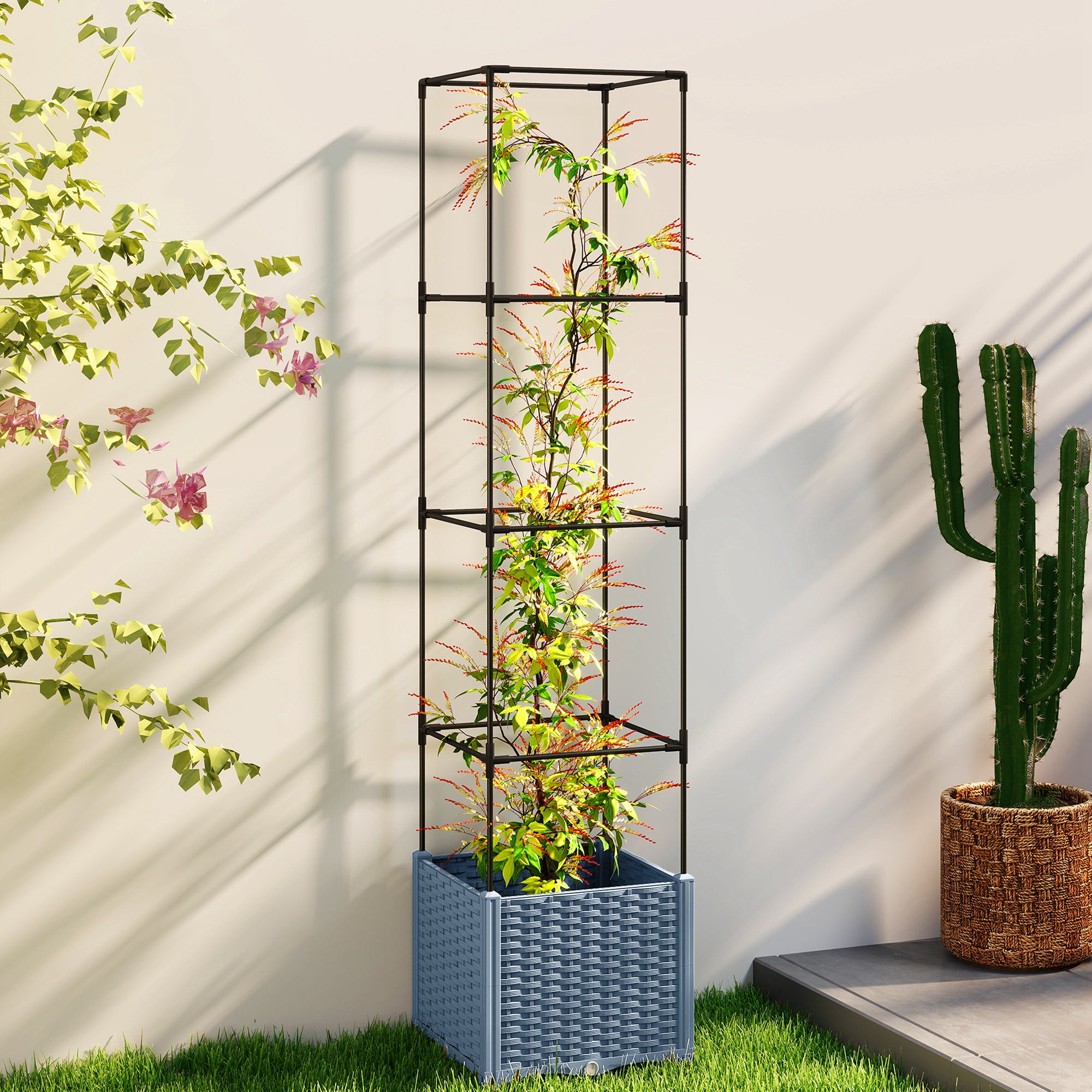 Raised Garden Bed with Trellis, Tomato Cage with Lockable Wheels, Self Watering Planter Box with Drainage Holes, Gray
