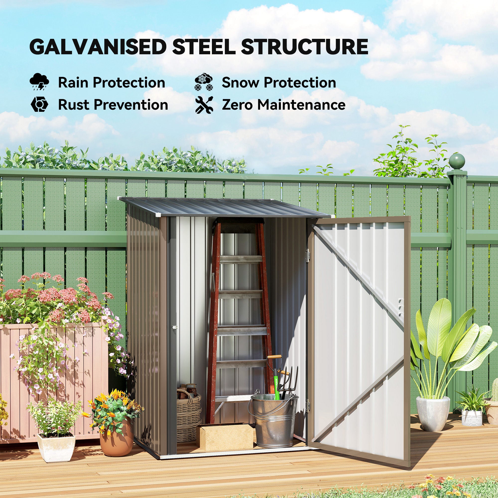 Outdoor 3.3' x 3.4' Lean-to Garden Storage Shed, Galvanized Steel Tool House with Lockable Door for Patio, Brown