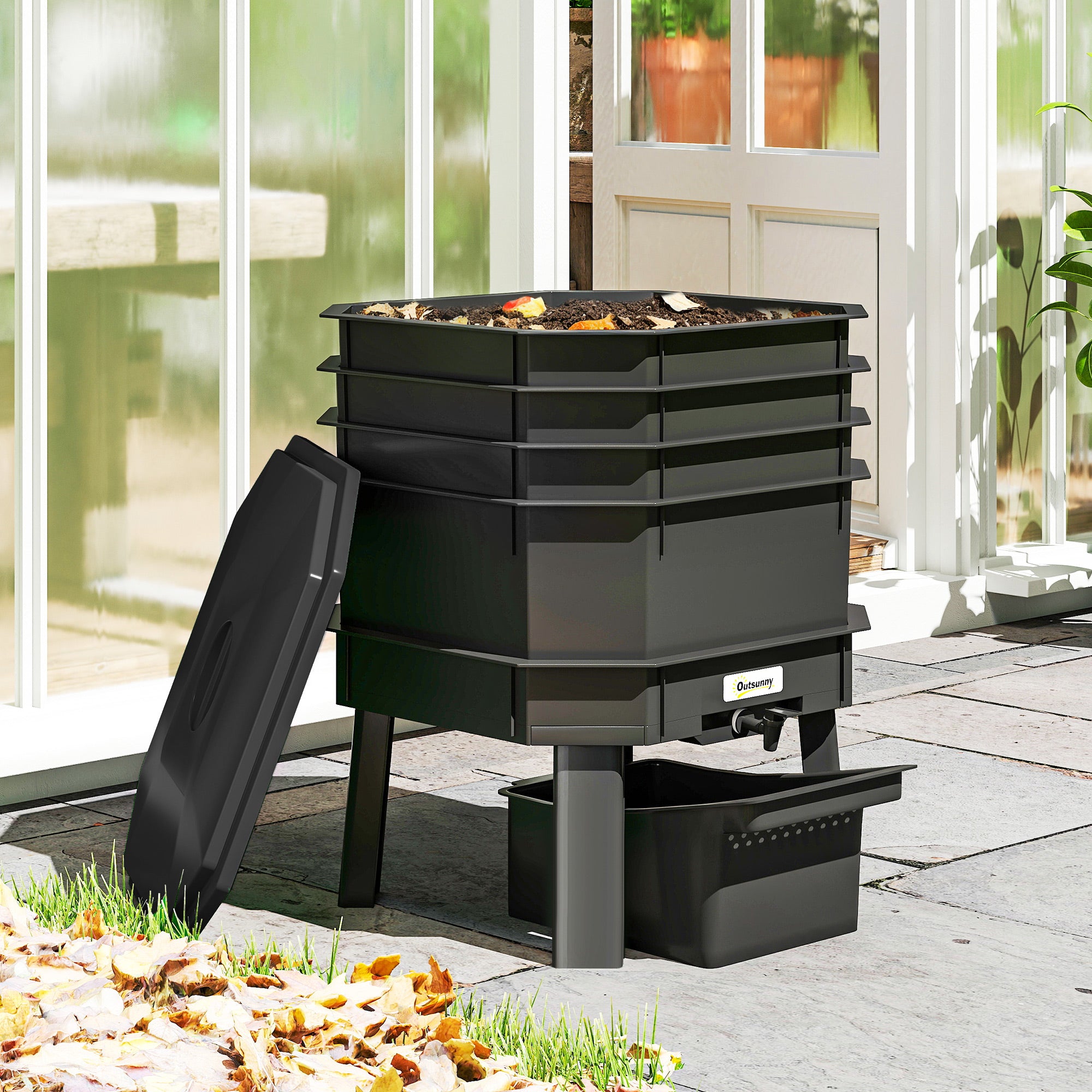 4-Tray Worm Composter Bin, 7.4 Gal Outdoor & Indoor Worm Composter for Recycling Food Waste, Black