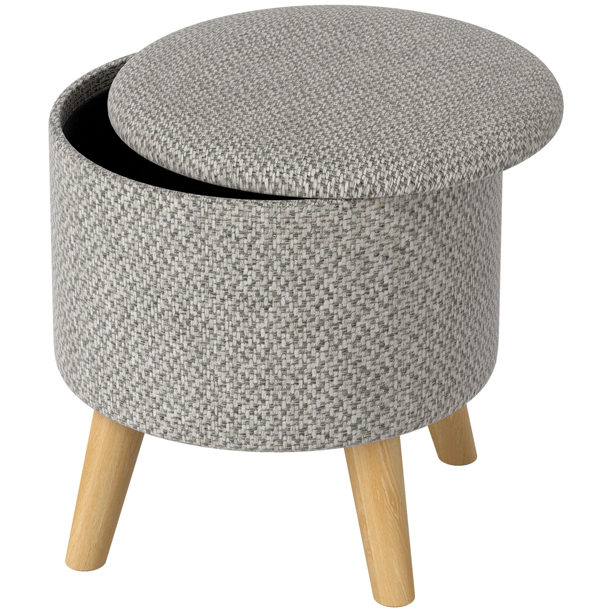 Round Ottoman Stool with Storage, Linen Upholstered Foot Stool with Padded Seat, Hidden Space and Wood Legs, Light Gray