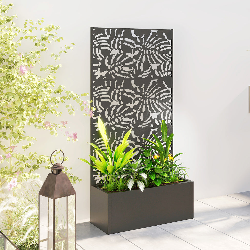 Metal Planter Box with Trellis, 71" Tall Raised Garden Bed with Privacy Screen and Drainage Holes, Banana-Leaf Cut-Outs