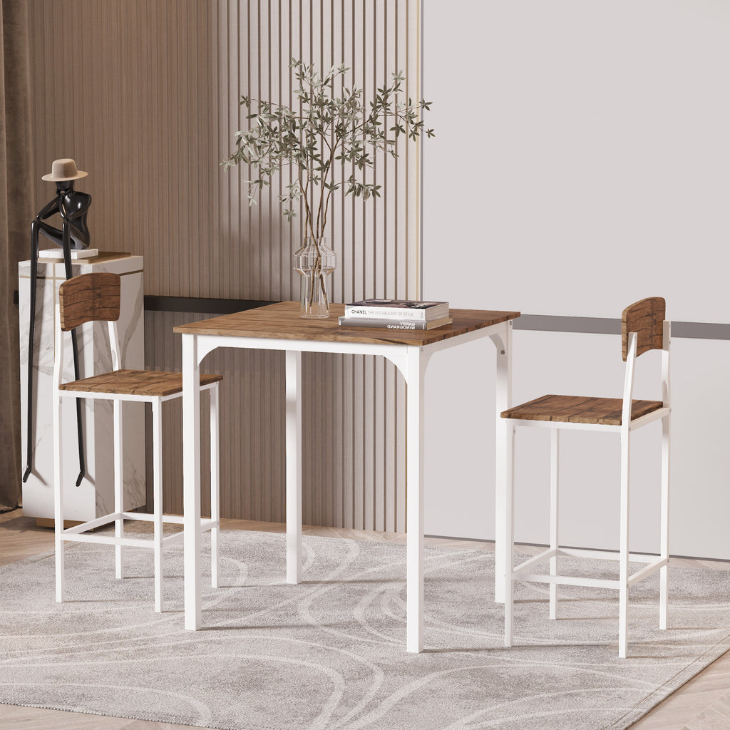 3 Piece Industrial Counter Height Dining Table Set, Bar Table & Chairs with Steel Legs & Footrests, White