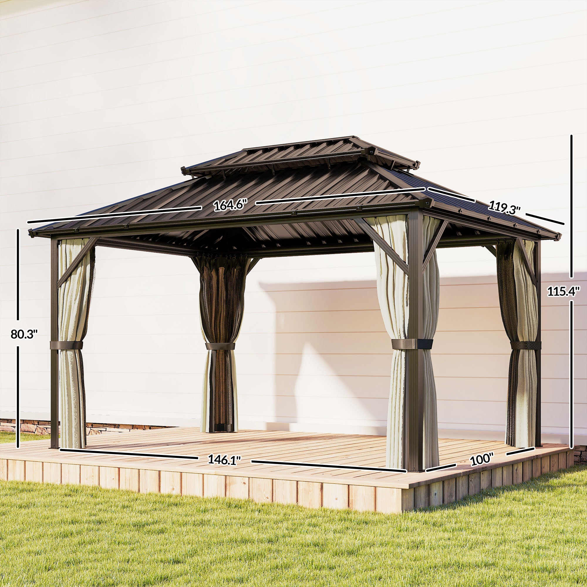 10' x 14' Hardtop Gazebo with Double Galvanized Steel Roof Canopy, Aluminum Frame Permanent Gazebo, Brown