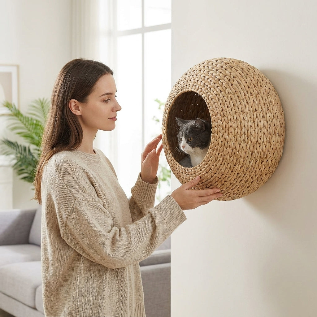 Wall Mounted Cat Condo with Washable Cushion, Natural Wood