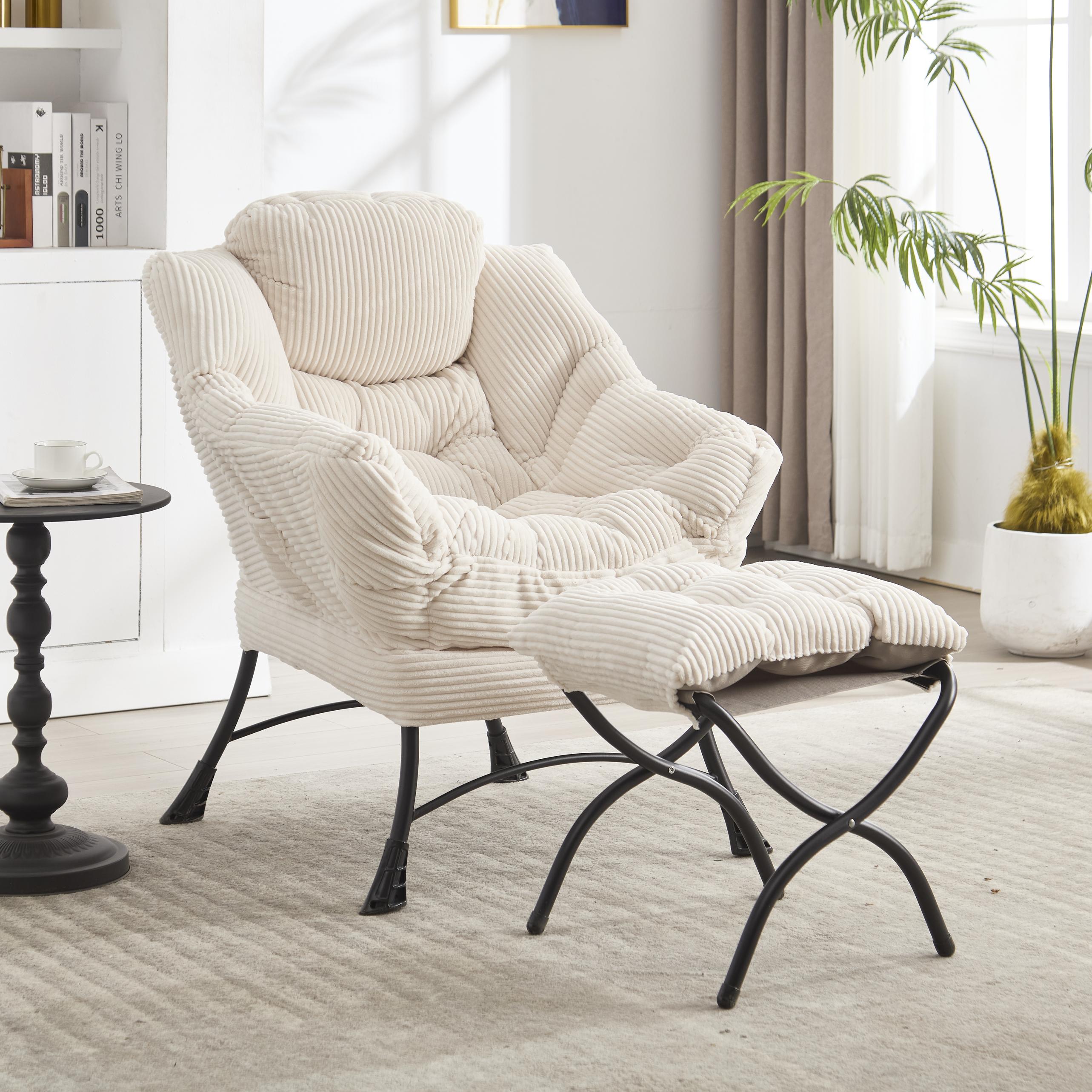 Ergonomic Lazy Chair with Ottoman, Armrests and Side Pocket, Steel Frame, Modern Lounge Accent Chair, 31.5" L x 25" W x 37.5" H, White
