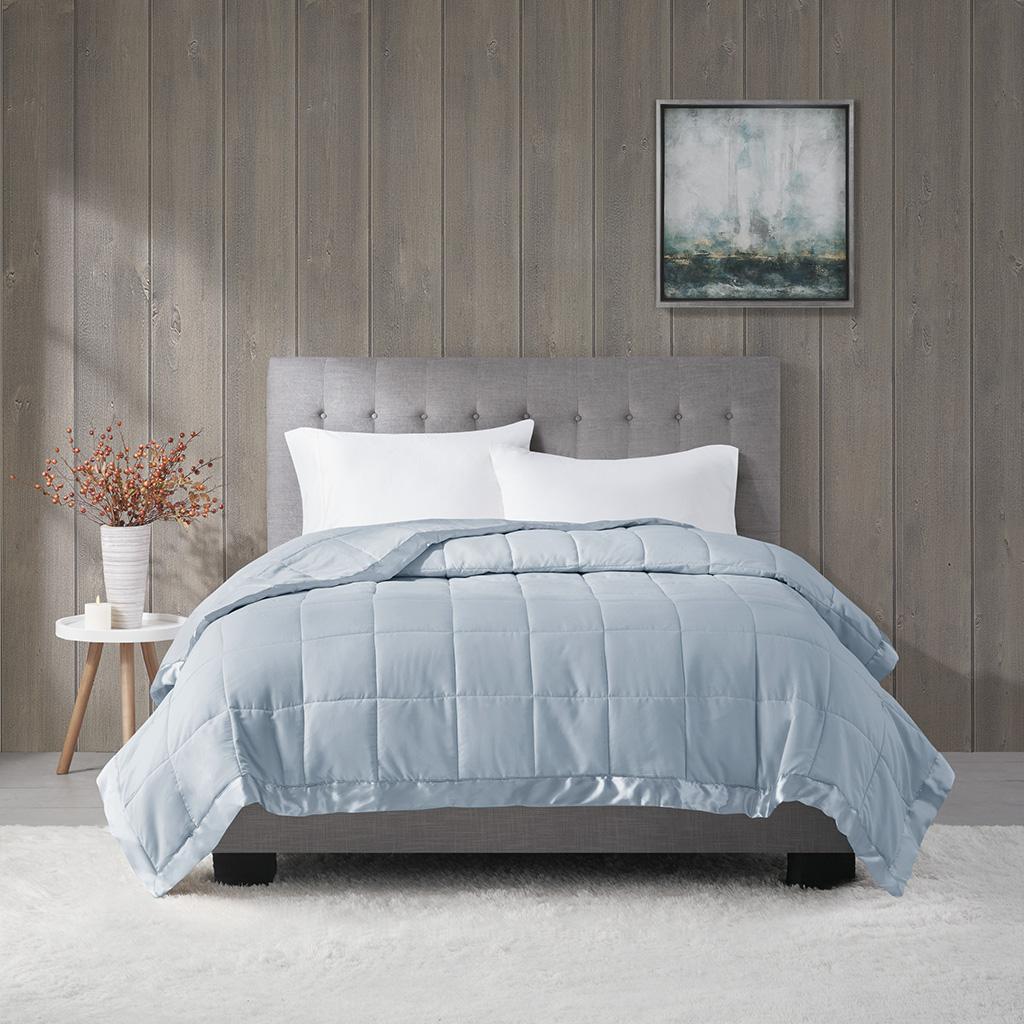 King Size Lightweight Down Alternative Blanket with Satin Trim, Hypoallergenic Polyester, Machine Washable, 108" L x 90" W x 0.25" H, Blue
